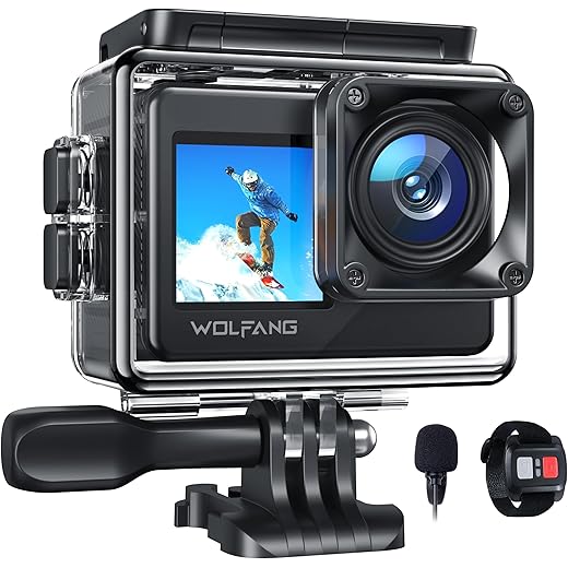 WOLFANG GA120 4K 20MP WiFi Sports Camera, 40M Waterproof Underwater Camera for Snorkeling, Two Screens,170° Wide Angle Sport Camera,EIS, External Microphone, Remote Control