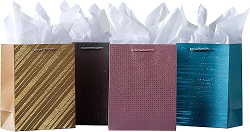 SHIPKEY Paquete de 4 bolsas de regalo pequeñas con papel de seda, 7 x 4 x 9 pulgadas, surtido de bolsas de papel de aluminio dorado, bolsas