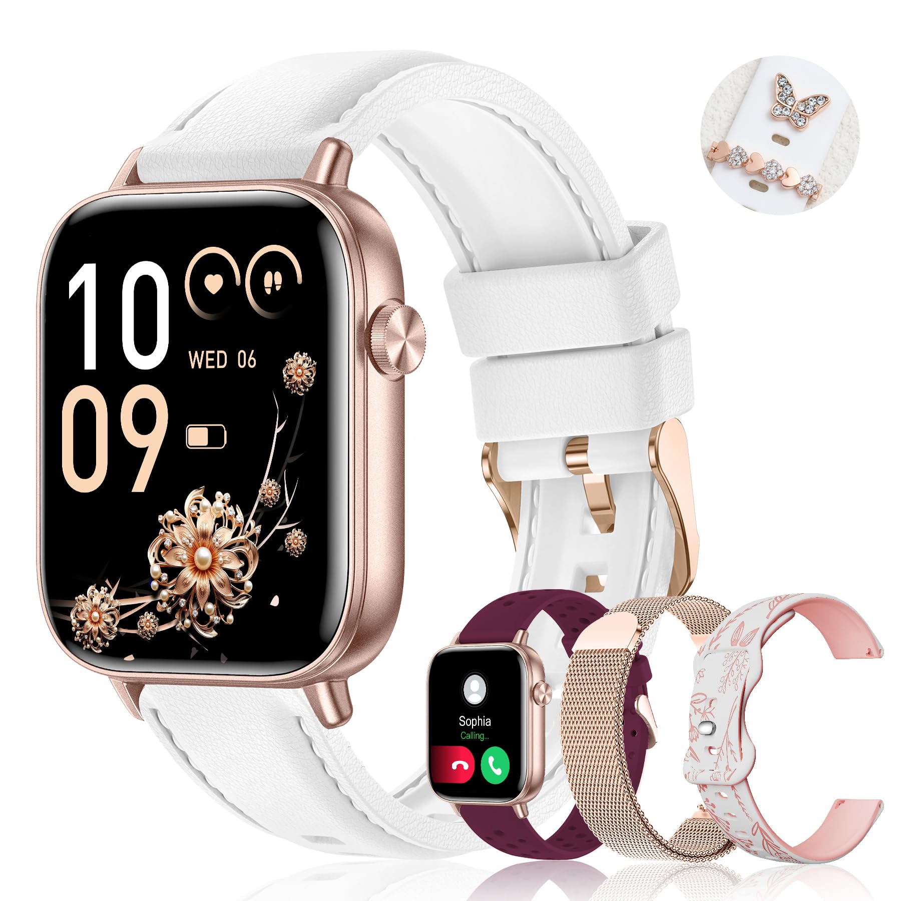 Iaret Smartwatch Damen, 4 Armbänder + 2 Charms, 1,83" HD Touchscreen Armbanduhr, Bluetooth Anrufe, 100+ Sportmodi Fitness Tracker, Schrittzähler/SpO2/Schlaf/Menstruation, iOS/Android, Weiß
