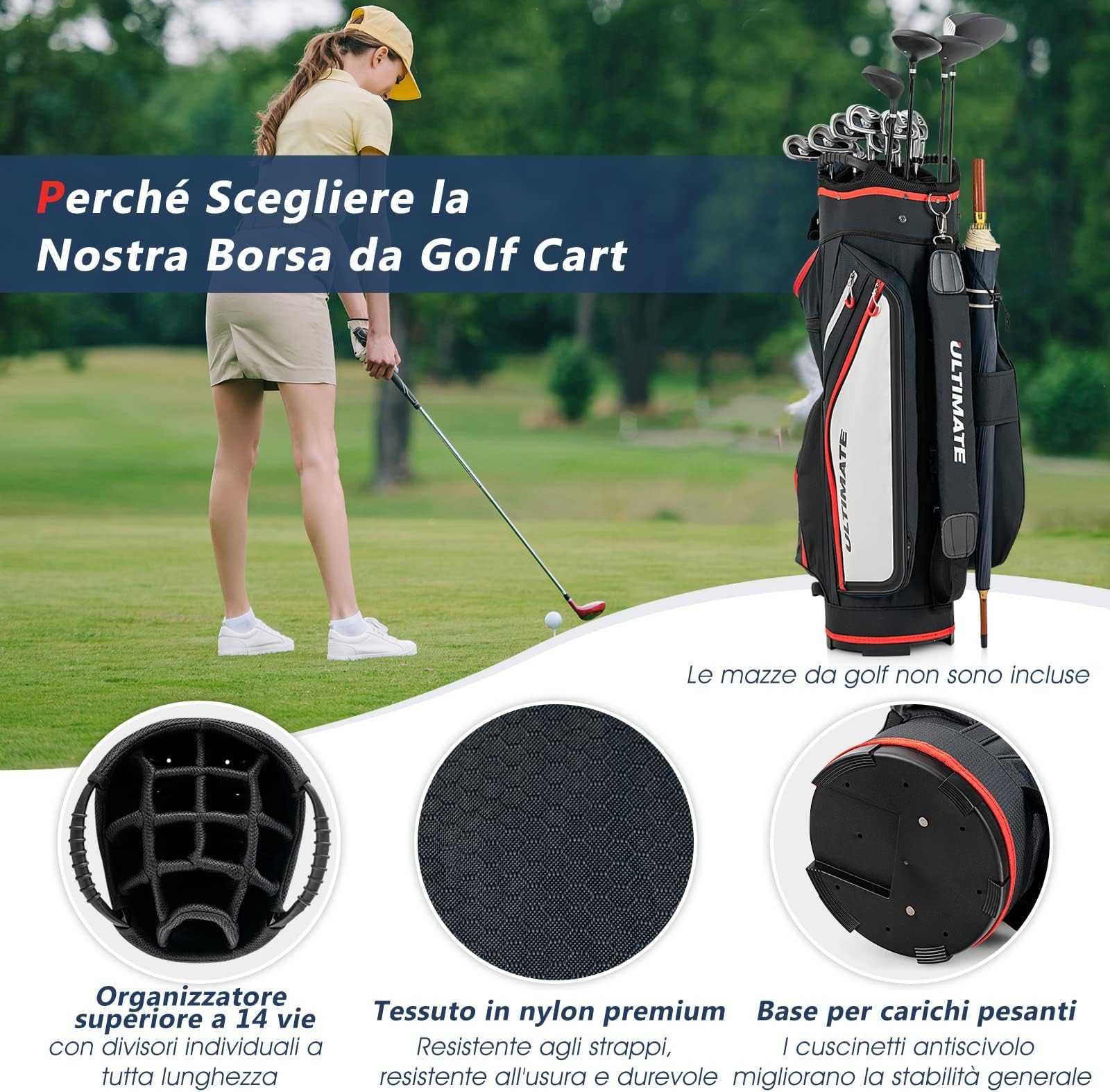 GYMAX Borsa da Golf 14 Divisori 8 Tasche con Cerniera Borsa Termica Copertura Antipioggia