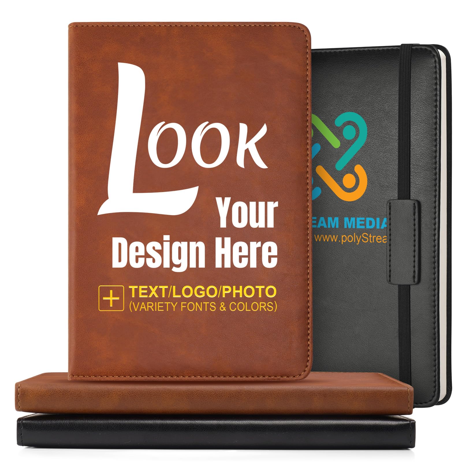 Vebermo Personalised A5 Leather Journal - Customise with Text, Logo or Design, Executive Notebook for Business, Office & School, Lined Hardback Diary for Professionals & Gifts, Brown