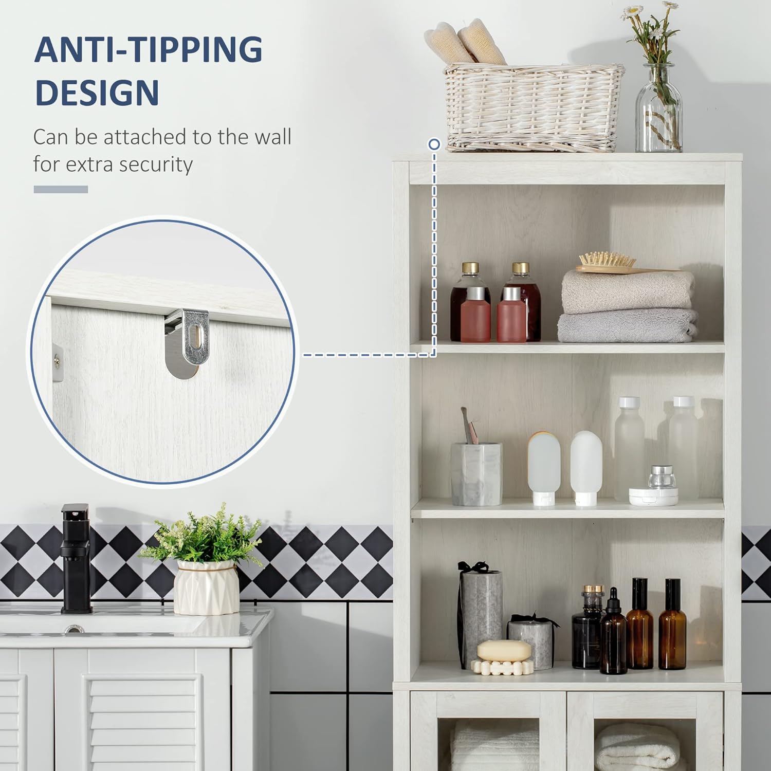 kleankin Tall Bathroom Storage Cabinet with 3 Tier Shelf, Glass Door Cabinet, Freestanding Linen Tower with Adjustable Shelves, Antique White