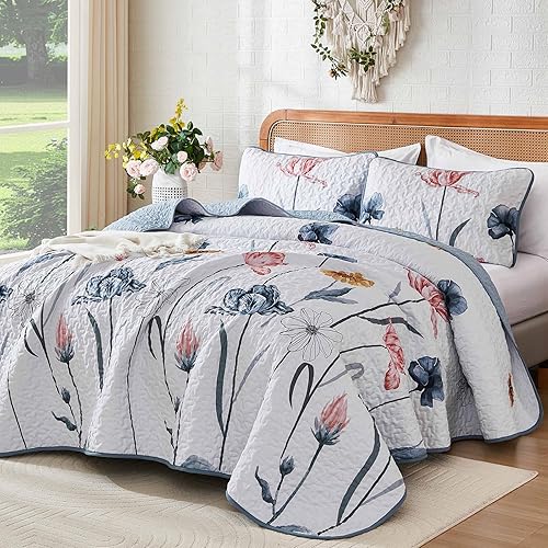 Miniatura 2 de WONGS BEDDING Juego de edredón floral Queen, juego de colcha de 3 piezas azul y rosa, cubrecama botánico, colcha suave y ligera con flores de granja