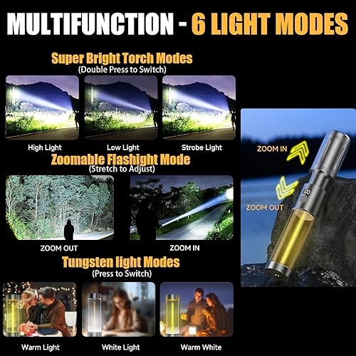 Miniatura 6 de Linterna de camping recargable y linterna 2 en 1, luz telescópica LED de 6 modos con salida USB, pantalla LCD, IPX4 impermeable para equipo de
