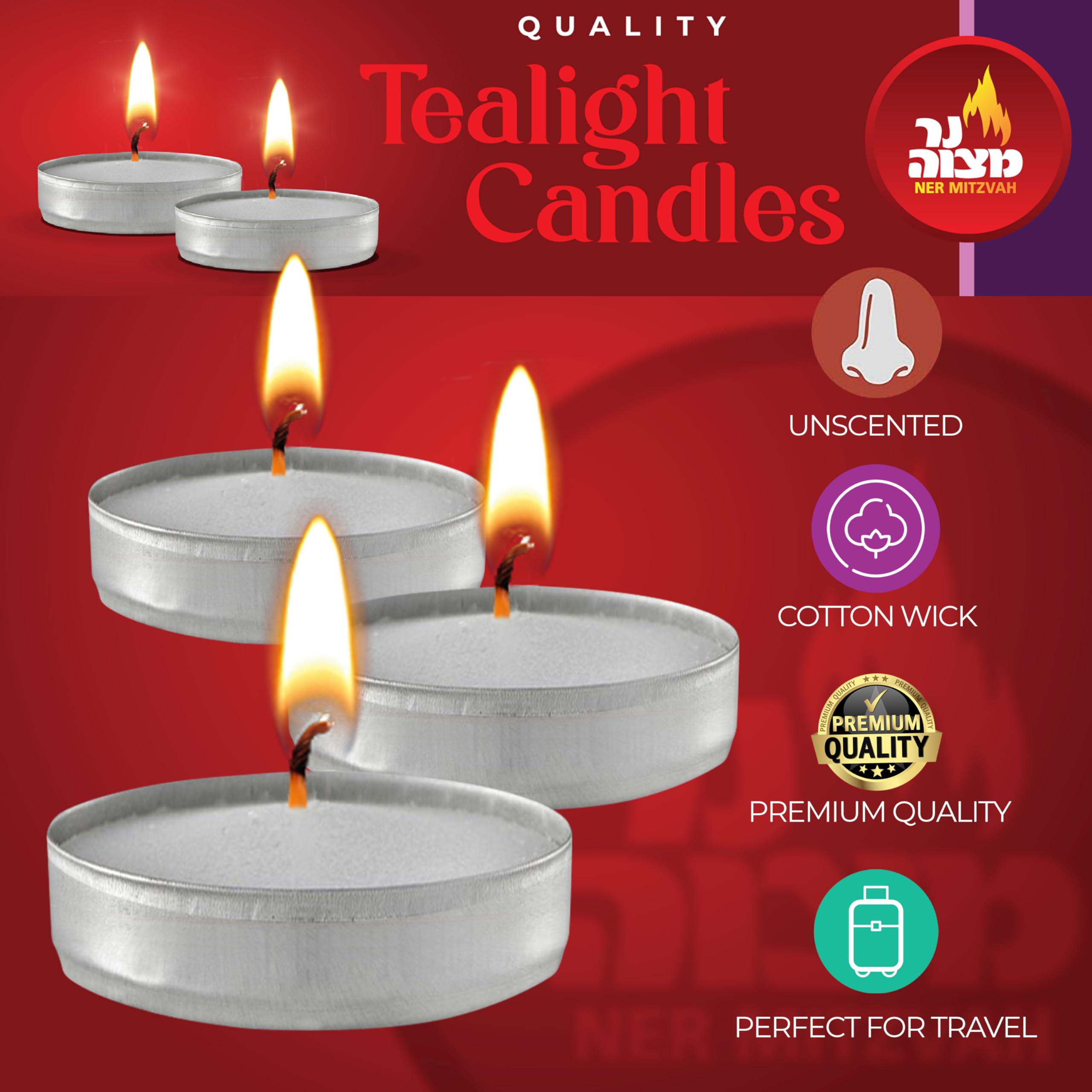 Ner Mitzvah Tealight Candles, Tea Lights Candles, White Tealights Unscented, 1.5 Hour Burn Time (Pack of 200),Bulk