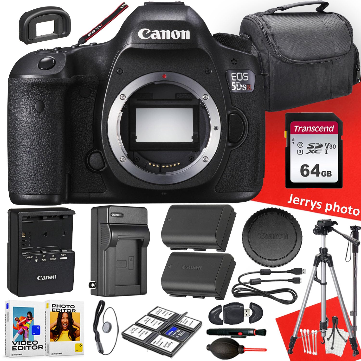 Canon EOS 5DS R DSLR Camera (Body Only) + 64 GB Memory + Extra Battery + Battery Charger + Filters + Tripod + Monopod + More (23pc Bundle) (Renewed)