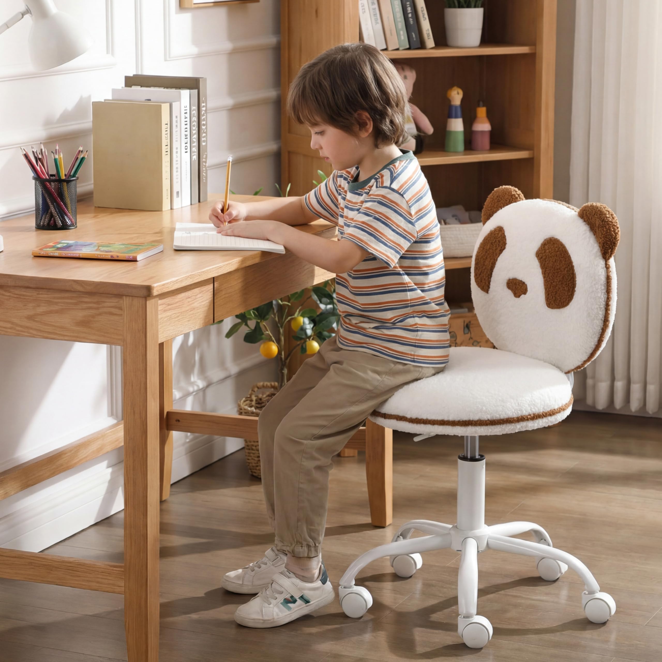 Kids Desk Chairs Panda, Desk Chair Comfy for 8-12, Kids Computer Chairs with Wheels, Kid Furniture for Bedroom, Cute Fluffy Office Chairs, Adjustable Ergonomic Study Chair, Brown