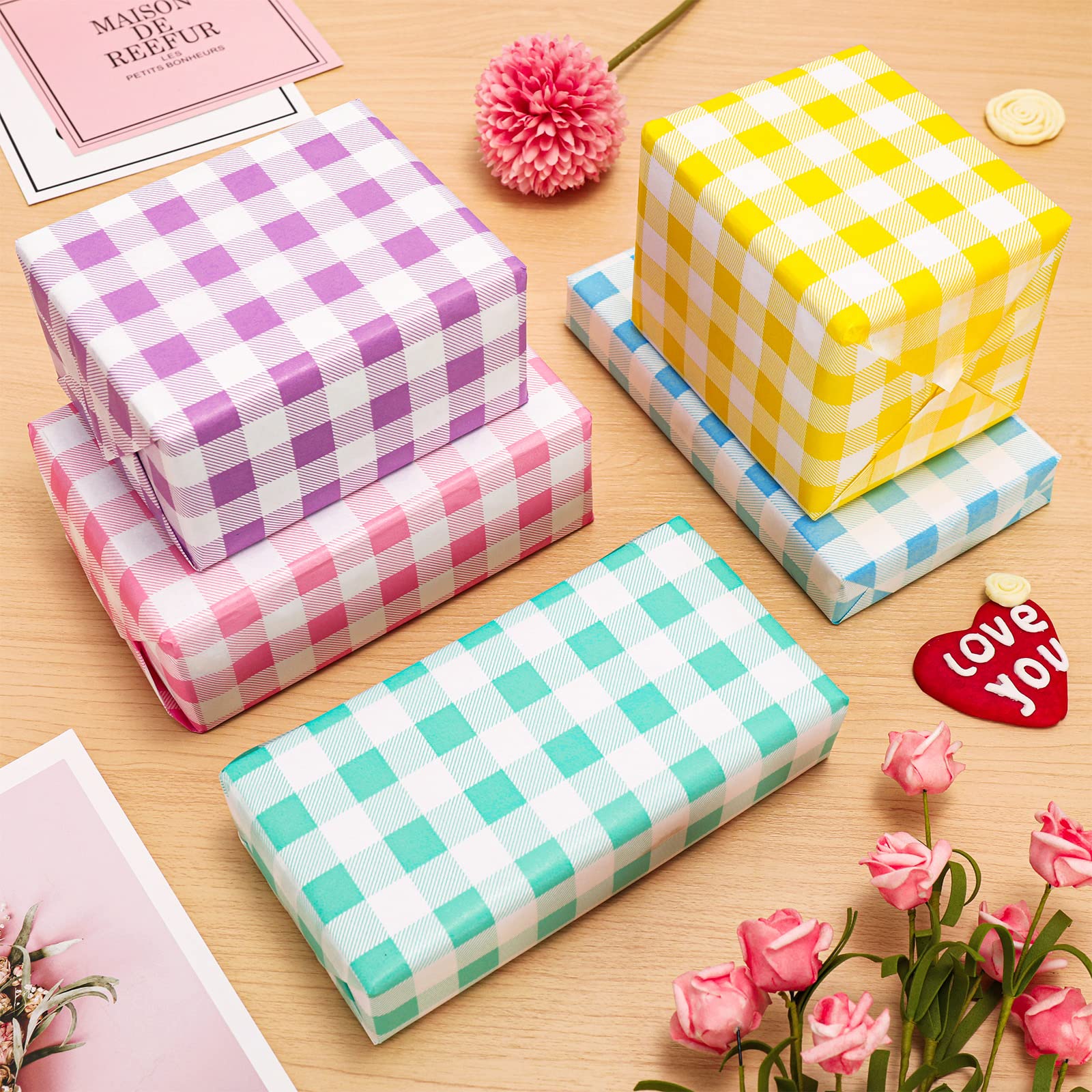 Whaline Lot de 100 feuilles de papier de soie pastel plié plat à carreaux de buffle violet/jaune/rose/vert/bleu pour la maison, sacs cadeaux, décoration d'été, Pâques, anniversaire, 35,6 x 50,8 cm