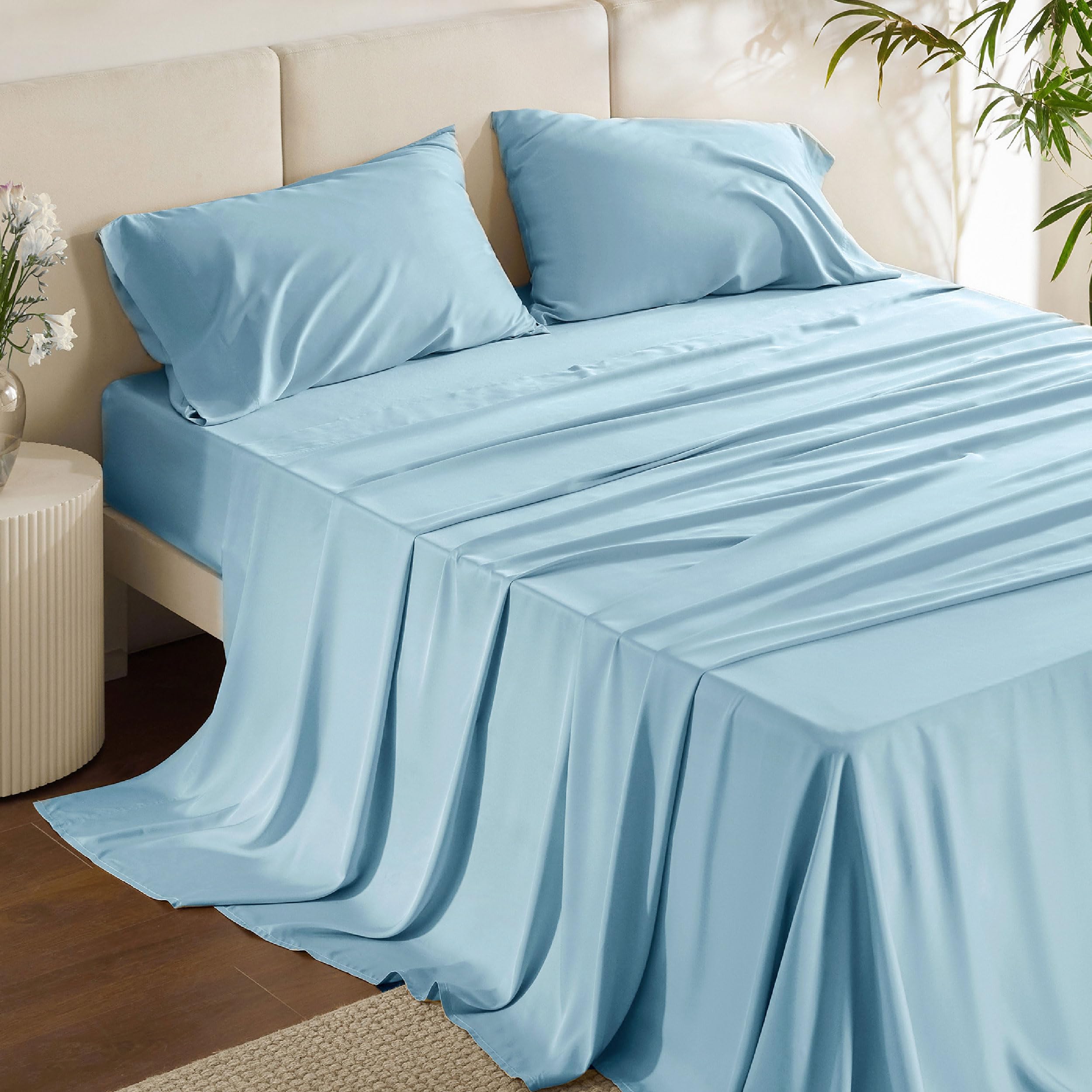 Bedsure Queen Sheet Set, Rayon Derived from Bamboo, Cooling Sheets, Breathable & Soft, Deep Pocket Up to 16 Inches, Hotel Luxury Silky Bedding for Hot Sleepers, Teal Blue