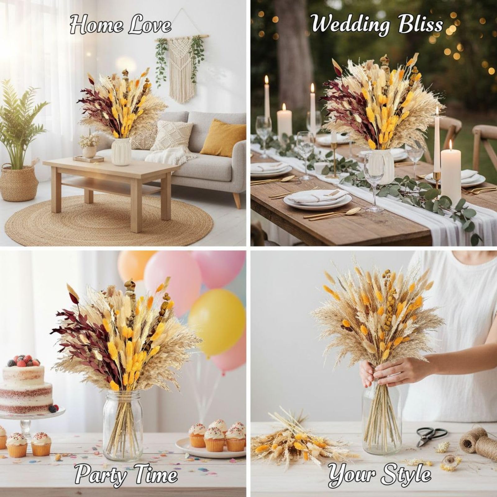 Bouquet de Fleurs séchées, Herbes de Pampa, Grandes graminées et Fleurs d’Automne séchées, déco bohème, Composition Florale aux Tons Chauds pour Maison, Salon, Mariage, fête