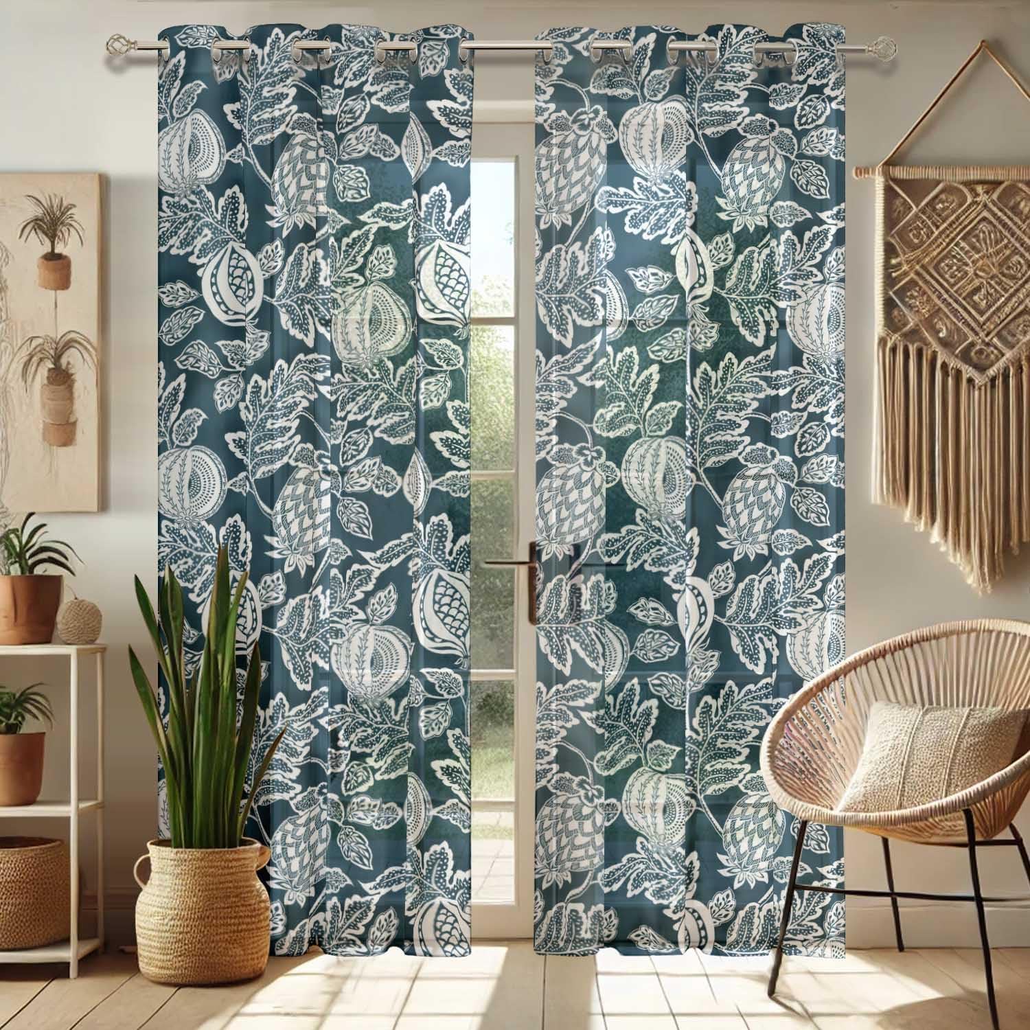 Blue Fruits Print Sheer Curtains for Short Windows - Set of 2 Panels, 63", Grommet Top, Printed Georgette, Light Filtering Drapes for Kitchen or Bedroom