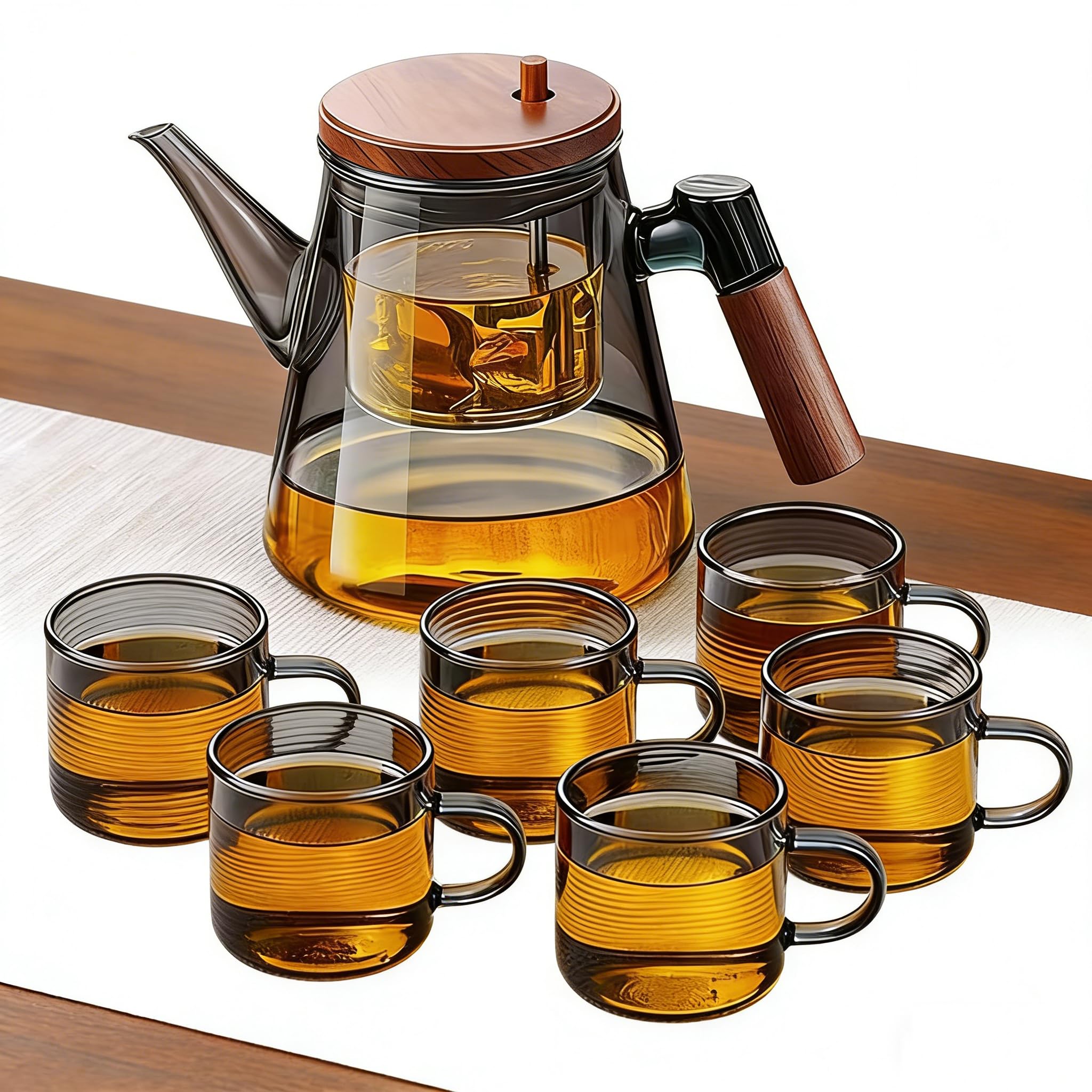750-ml-Teekanne aus Glas mit Teesieb, hitzebeständiges Borosilikatglas, 6 passende Tassen, Holzgriff und -Deckel, halbautomatisch, Tee-Wasser-Trennung