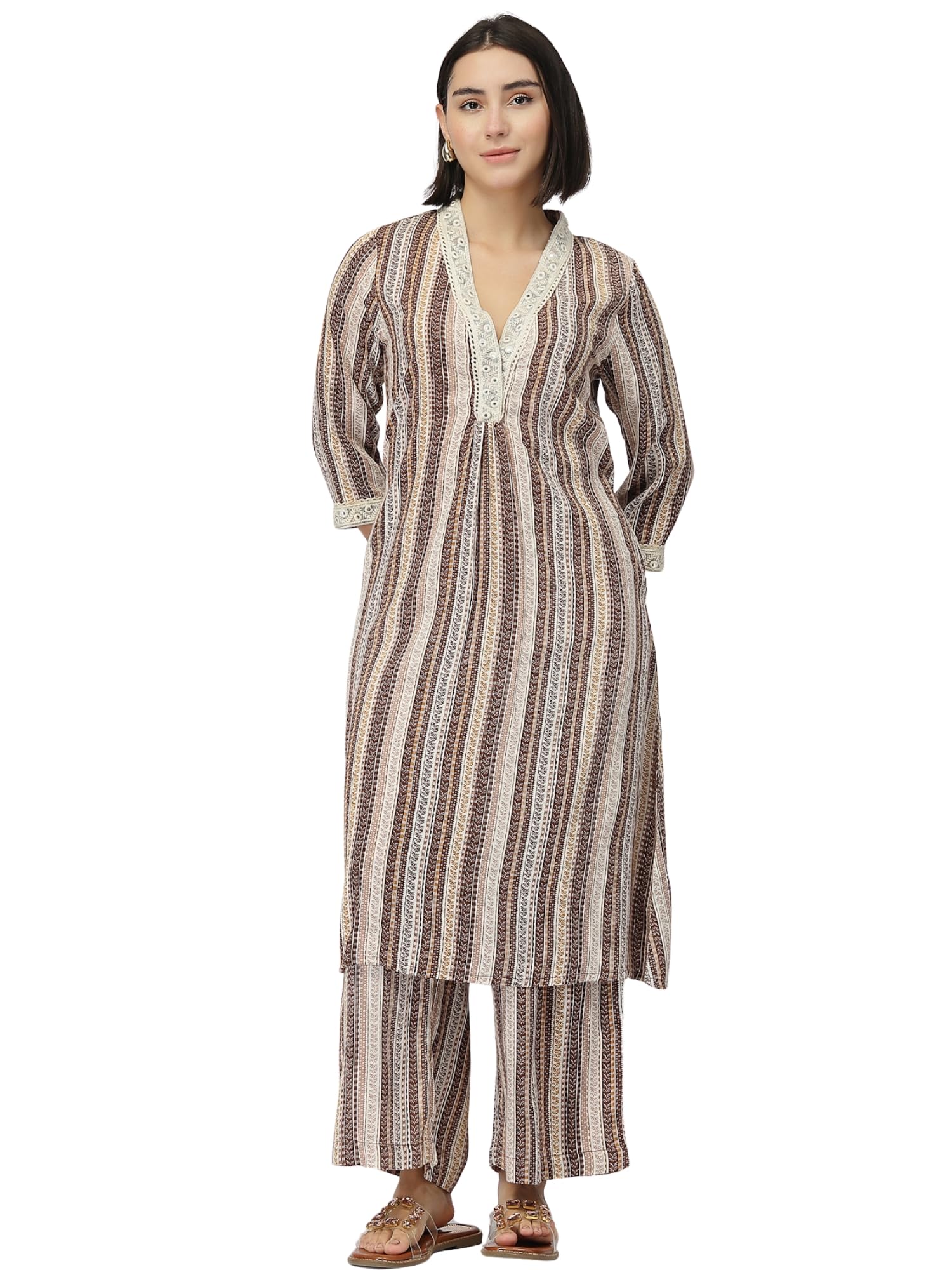 Maternity & Nursing Striped Kurta Set for Women | A-Line Feeding Kurti with Button Opening | Festive Pregnancy & Postpartum Wear with Pockets-image-8