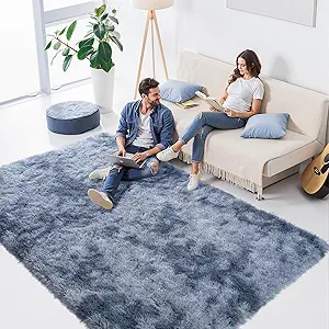 Zentavio Area Rugs for Living Room Large Rugs for Bedroom 5x8 Carpet Fluffy Fuzzy Soft Shag Aesthetic Plush High Pile Gray Throw Rug for Nursery Kids Room Dorm Tie-Dyed Blue Grey