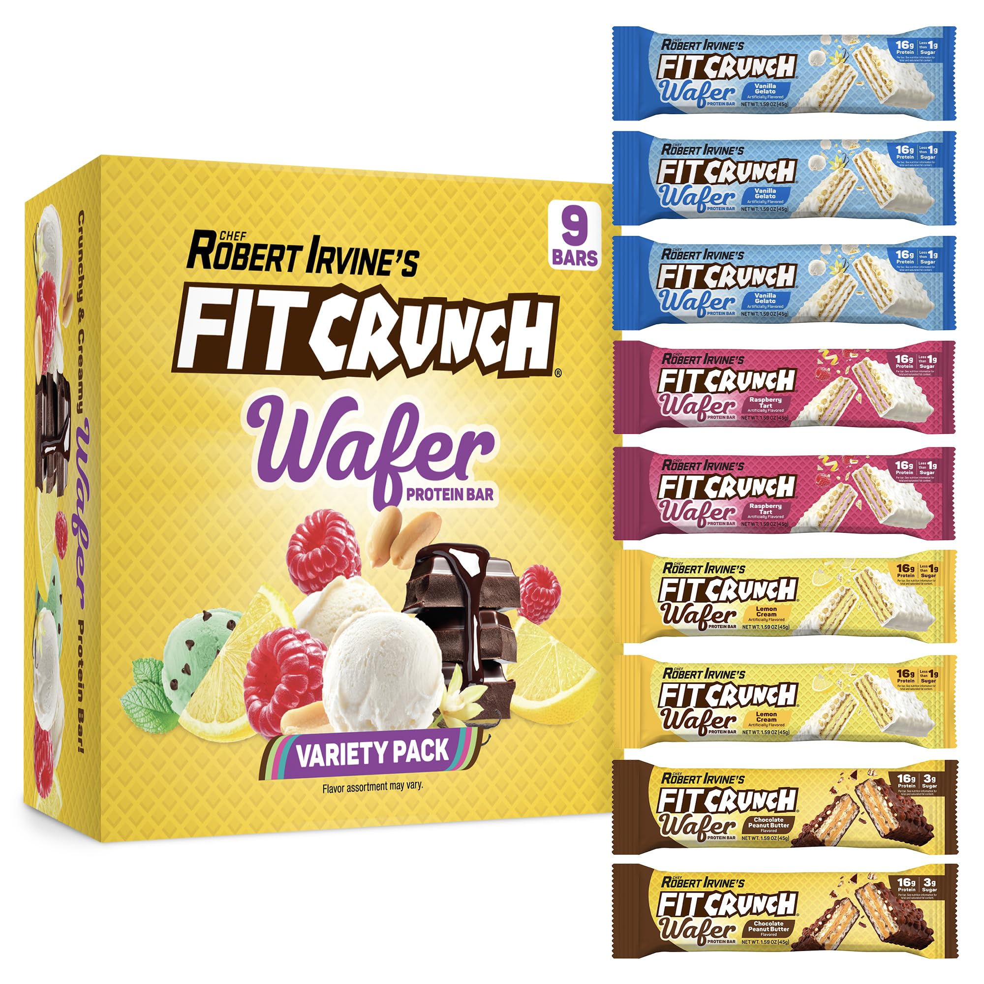 FITCRUNCH Wafer Protein Bars, 16g of Protein & 1-3g of Sugar (9 Bars, Variety Pack)