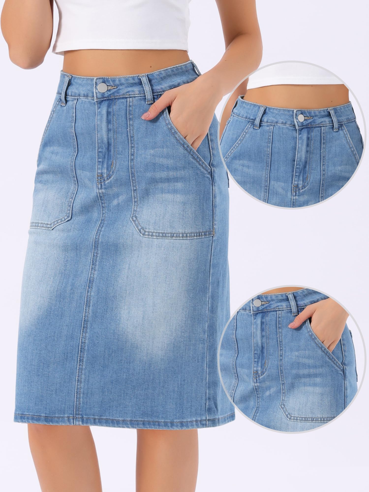 Allegra K Femme Jupe en Jean Stretch Classique Coupe Crayon | Taille Haute Fente Dos Poches Longueur Genou Coupe H Ligne Jupe Midi Denim Décontractée Ouest