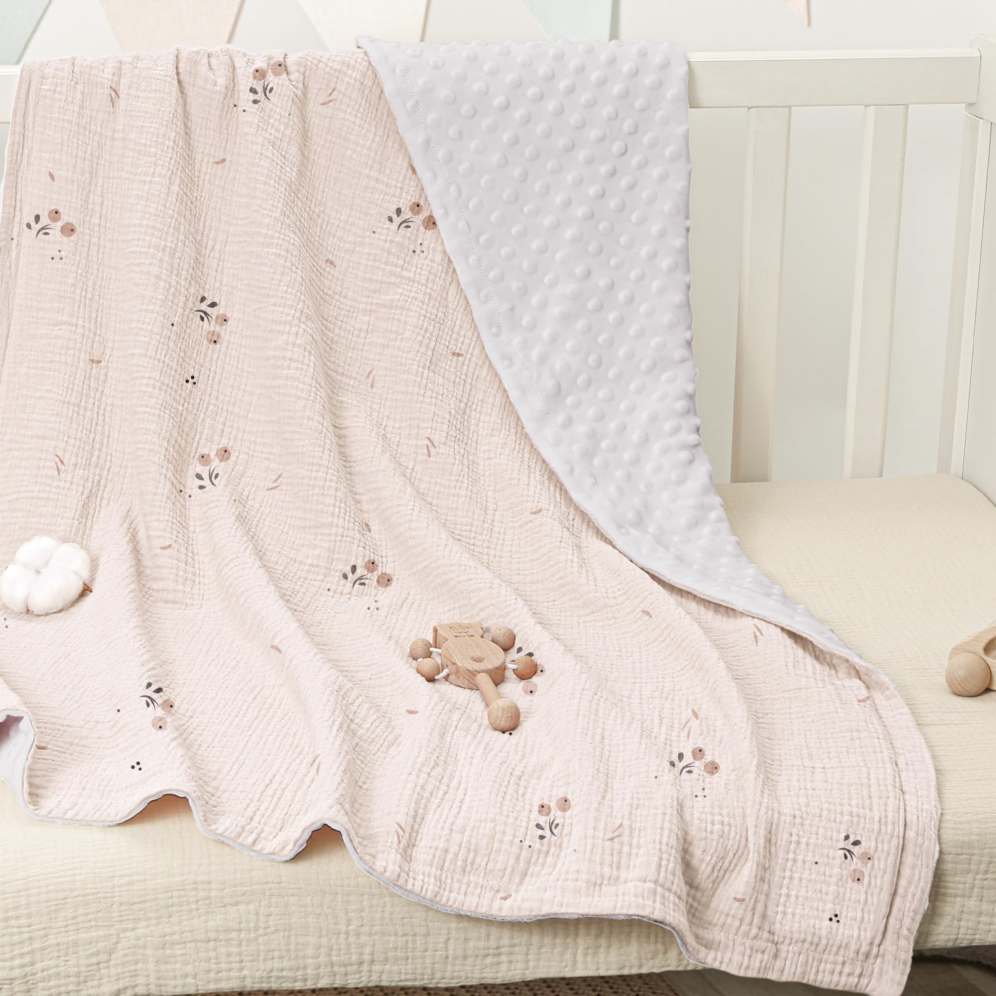bearmoss Baby Blanket Soft Nursery Crib Blankets with Muslin Cotton Front and Dotted Fleece Back for Unisex Baby Girls Boys Newborns Toddlers 76x100cm (Little Berry) - Image 4