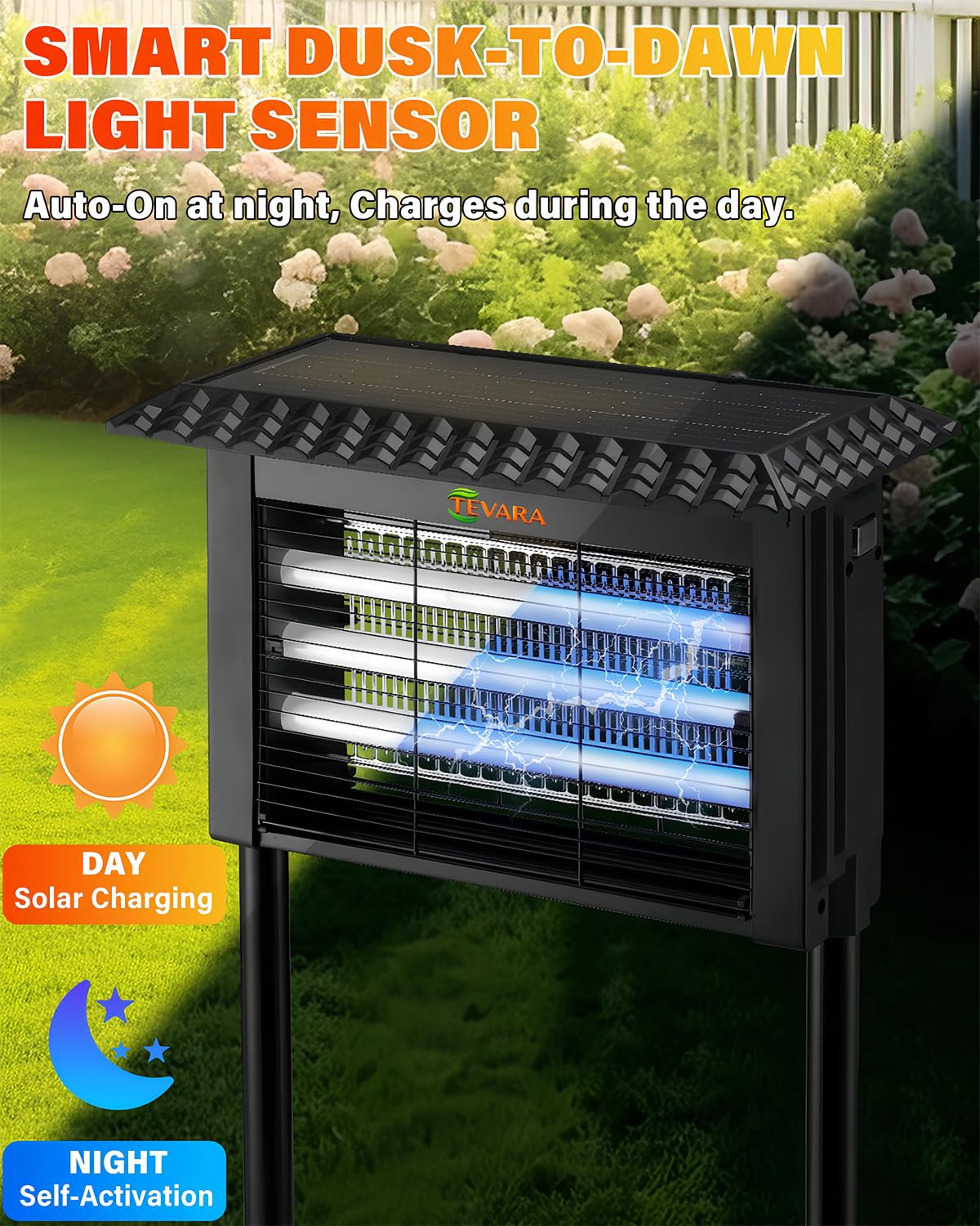 Zapper Solar Bug Zapper Outdoor - Zapper zanzare senza fili da 4500 V con controllo della pioggia, pannello solare da 10 W e sensore di luce intelligente, luci da percorso 2 in 1 e zanzariera per