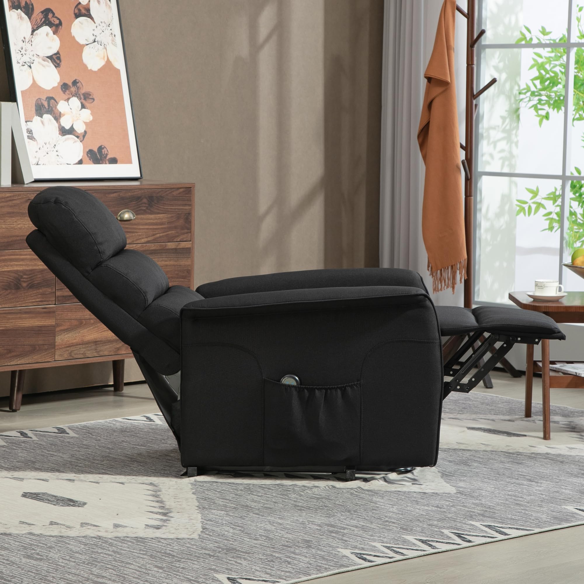 HOMCOM Sillón Relax Reclinable Eléctrico Levanta Personas, Sillón Elevador con Control Remoto, Reposapiés, Tapizado en Lino, Bolsillo Lateral, para Salón, Dormitorio, Negro