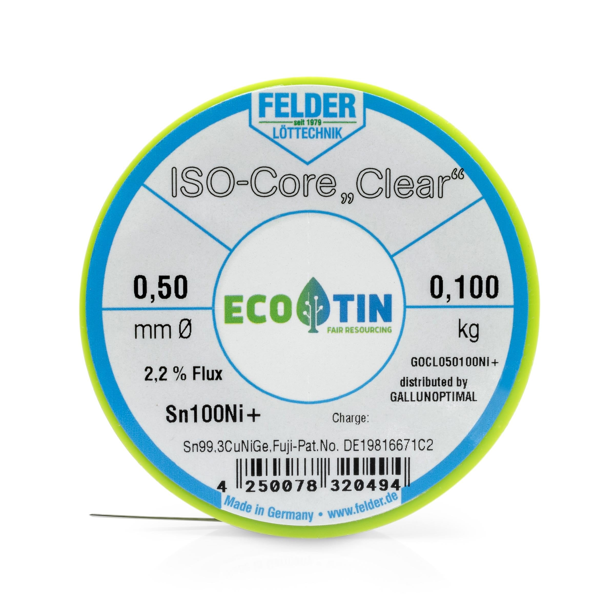 Felder FCL050100Ni+ - Filo per saldatura ISOCore, Clear Sn100Ni+ Sn99,3CuNiGe, 0,5 mm su bobina da 100 g