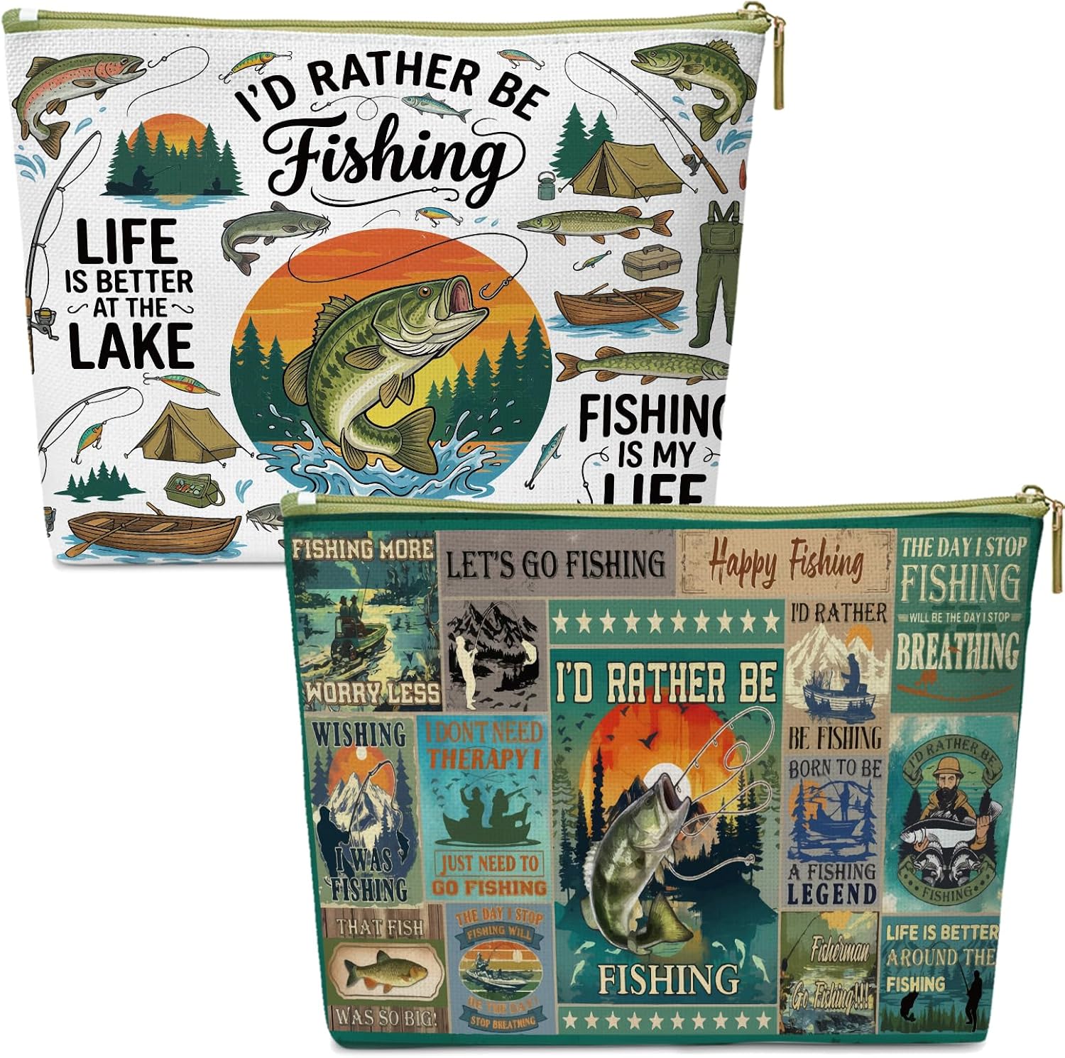 Fishing Camping Storage Bags for Men - 2PCS I'd Rather Be Fishing Organizer Pouch for Hooks Lures, Durable Canvas Toiletry Bags for Men Fisherman Gifts, Funny Fishing Gifts Dad Grandpa Women Friend