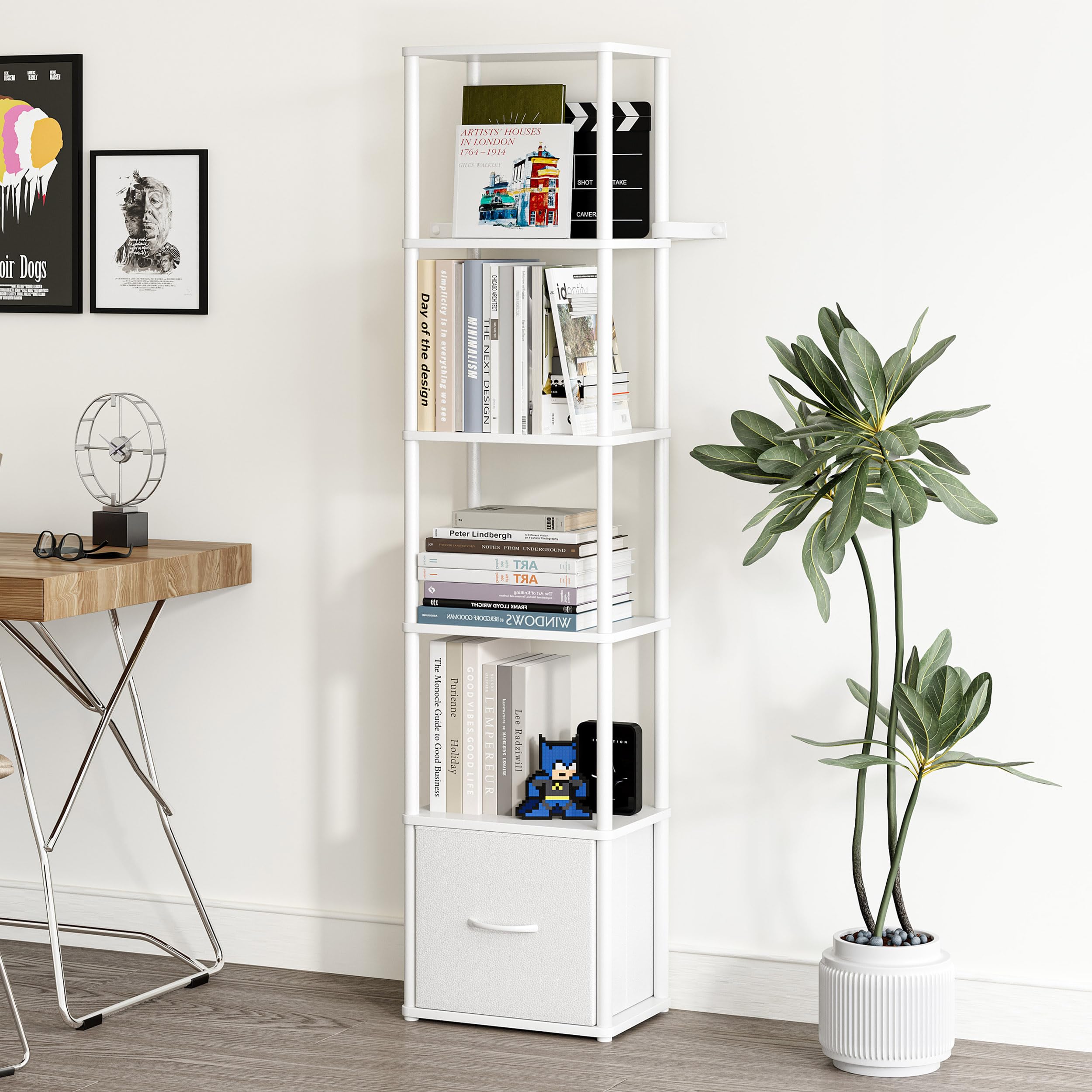 Etagere 6 Niveaux Bibliotheque Meuble de Rangement Étagère d'angle Industriel pour Bureau Salon Chambre Blanc HBC505W