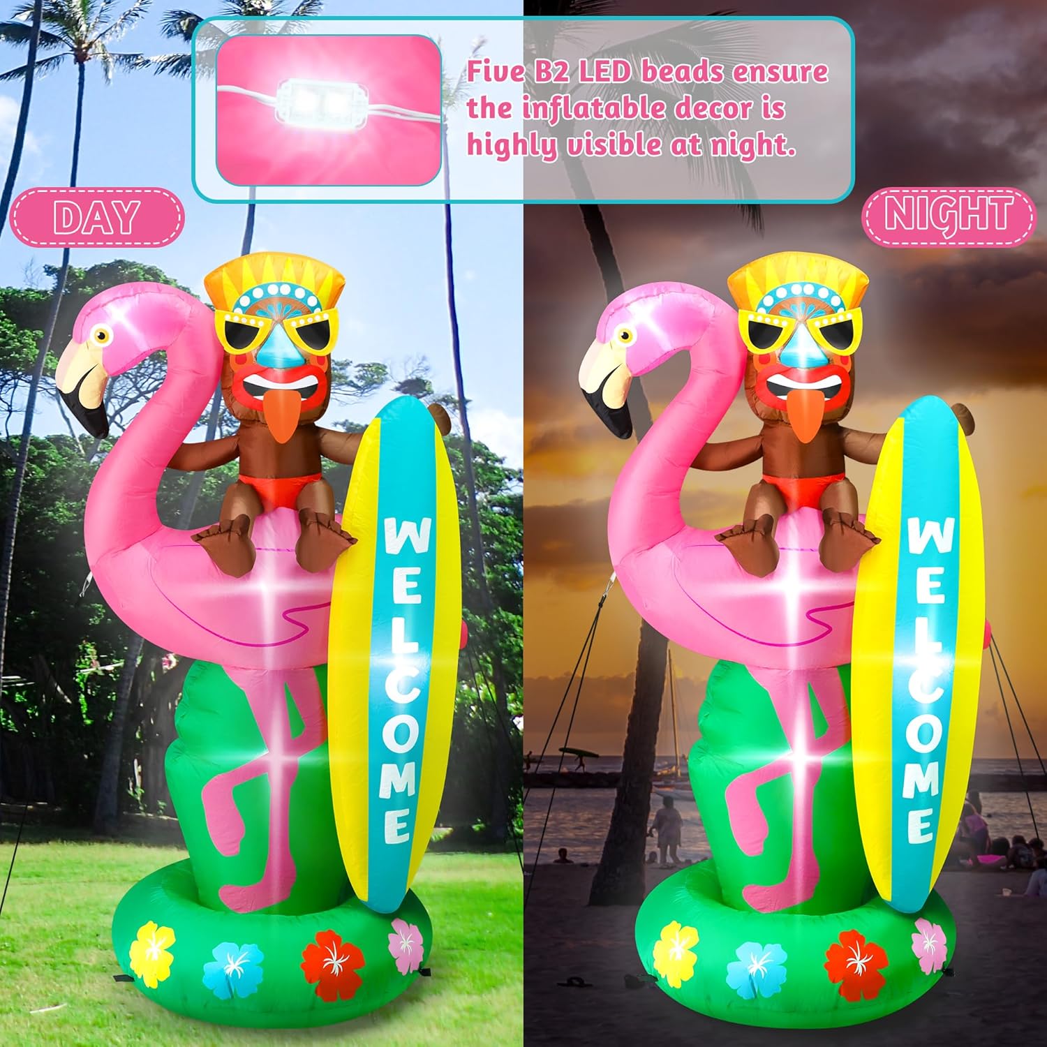 6FT Hawaiian Inflatables, Outdoor Inflatable Tiki Flamingo Decor, Blow Up Luau Hawaiian Beach Decorations, LED Lighted Tiki Outdoor Decoration for Summer Beach Party Tropical Pool Yard