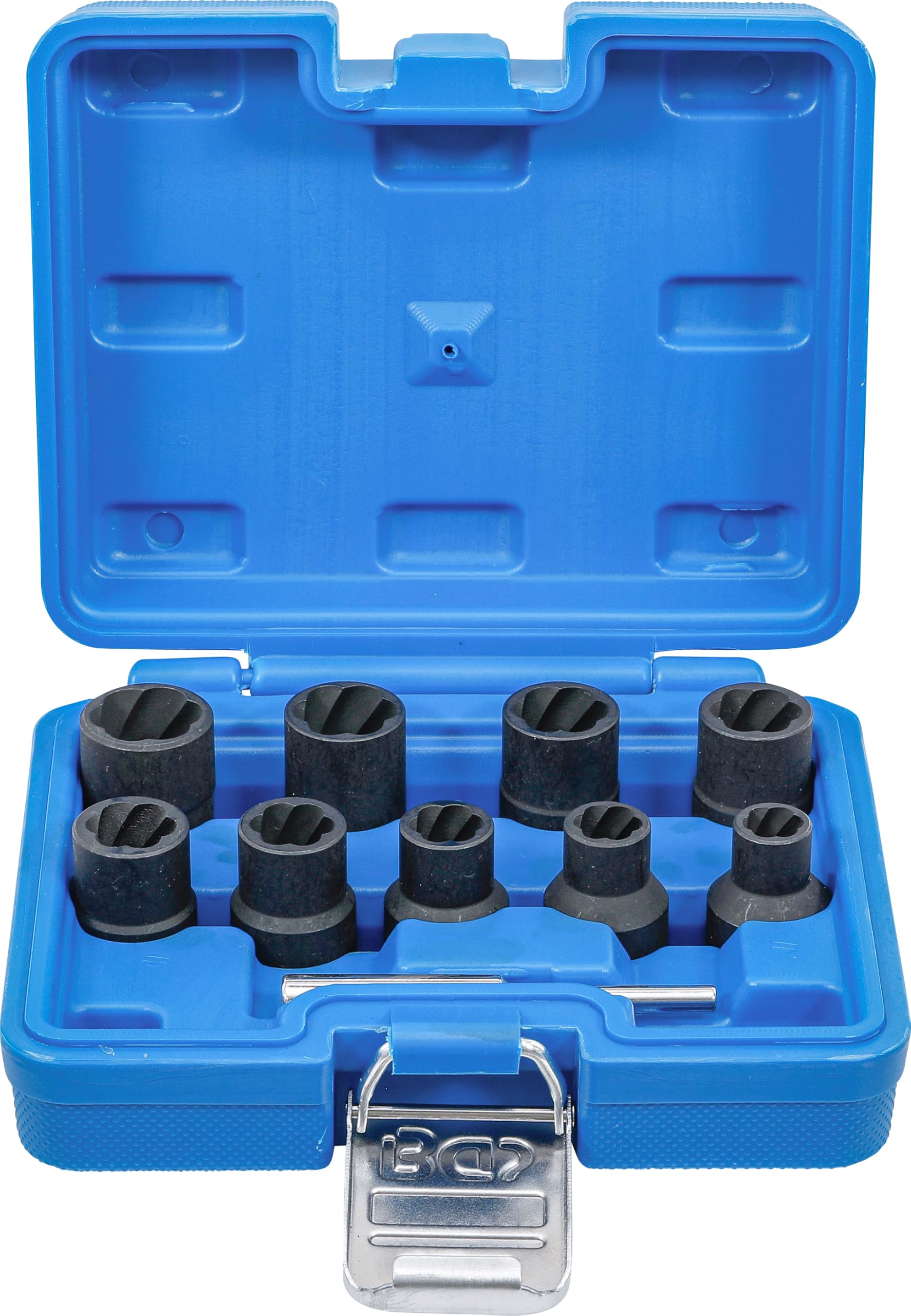 BGS 5266 | Juego de llaves de vaso de perfil en espiral/ extractores de tornillos | entrada 12,5 mm (1/2") | 10 - 19 mm | 10 piezas | Accionamiento cuadrado interior 12,5 mm (1/2") | SW 10 - 19 mm | 10 piezas. | acero al cromo-molibdeno | bruñido, negro