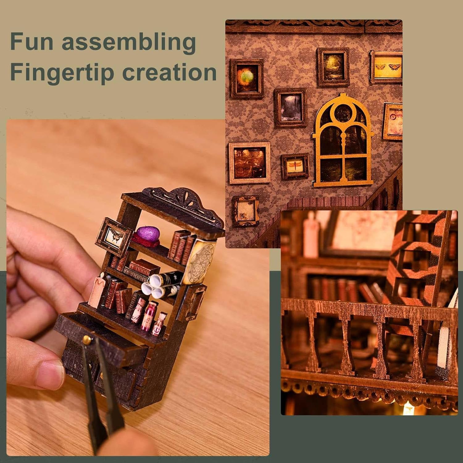 Model edukacyjny Zestaw kącika książek, DIY domek dla lalek Booknook wstaw wystrój alei, drewniane puzzle 3D ze światłem, edukacyjne zestawy do budowania półek na książki, budowanie modeli regałów