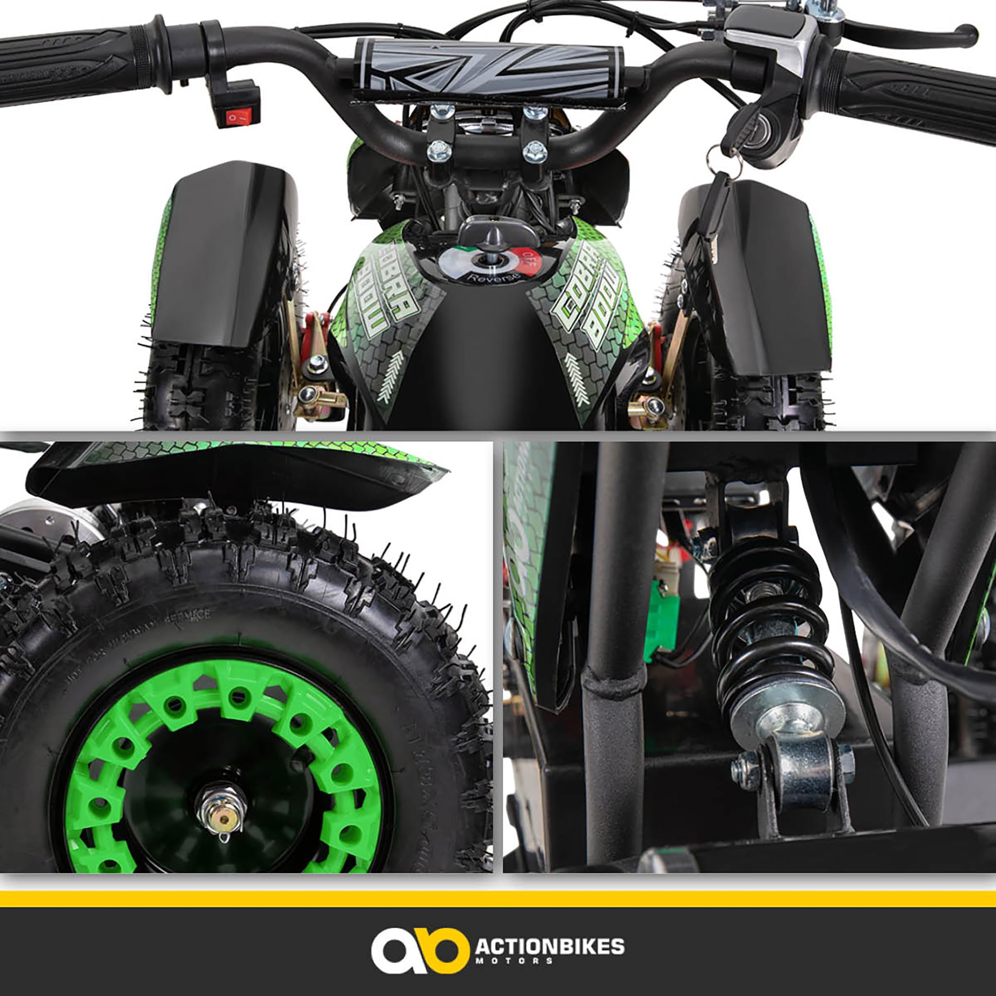 Actionbikes Motors Quad électrique Enfant ATV Cobra | 36 Volts 800 Watts Jusqu’à 24 km/h - Quad Enfant - Pocket Quad - pédale de sécurité Safety Touch - Mini Quad - dès 8 Ans (Vert/Noir)