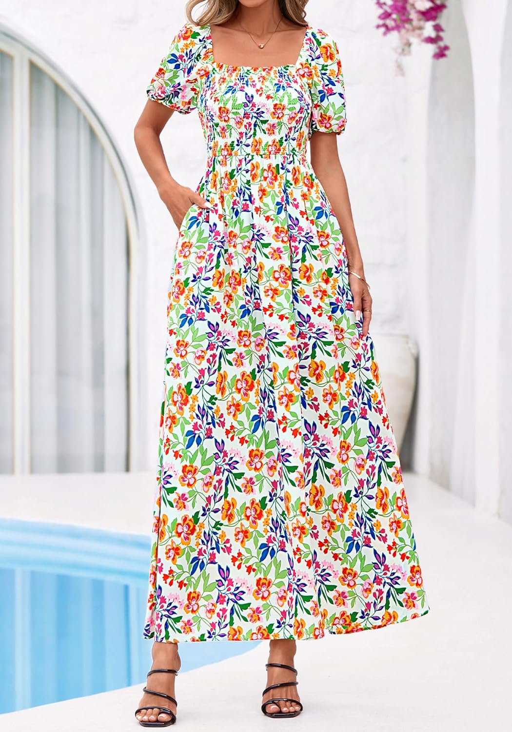 BTFBM Spring Summer Dresses for Women 2026 Puff Short Sleeve Smocked Floral Print Boho Beach Wedding Guest Maxi Dress - Image 4