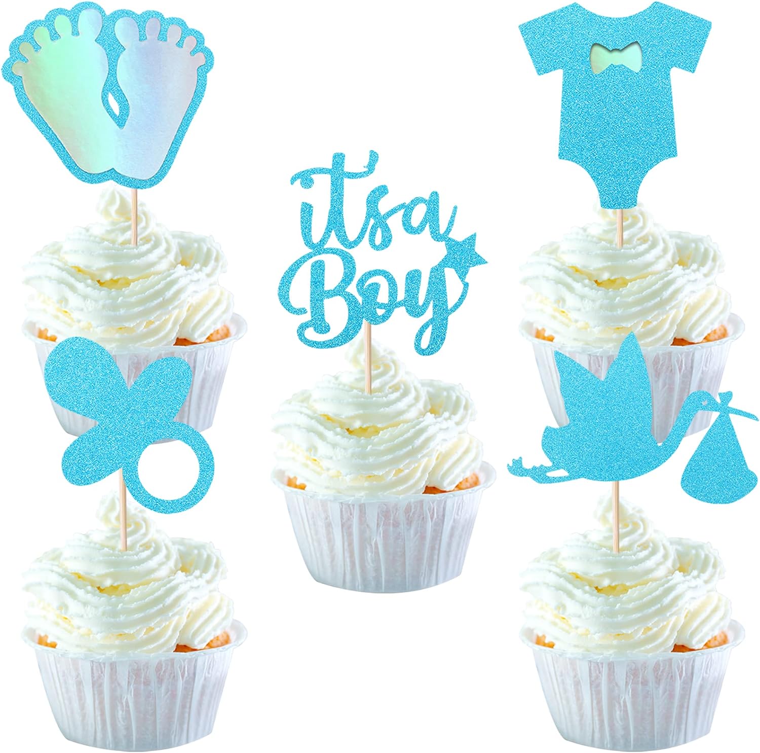 SYKYCTCY 30 Pack It's a Boy Cupcake Toppers Pacifier Glitter Onesie Jumpsuit Cupcake Picks Bird Pacifier Cake Decorations for Baby Shower Boy Birthday Theme Party Supplies Blue