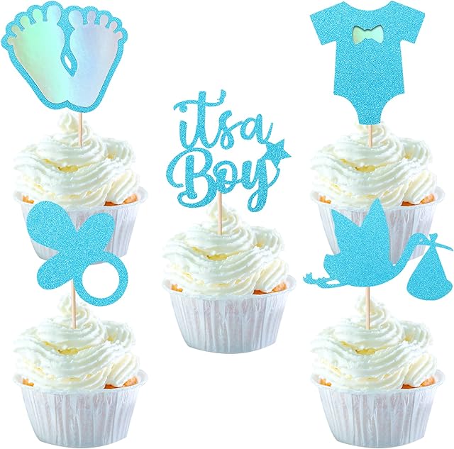 SYKYCTCY 30 Pack It's a Boy Cupcake Toppers Pacifier Glitter Onesie Jumpsuit Cupcake Picks Bird Pacifier Cake Decorations for Baby Shower Boy Birthday Theme Party Supplies Blue