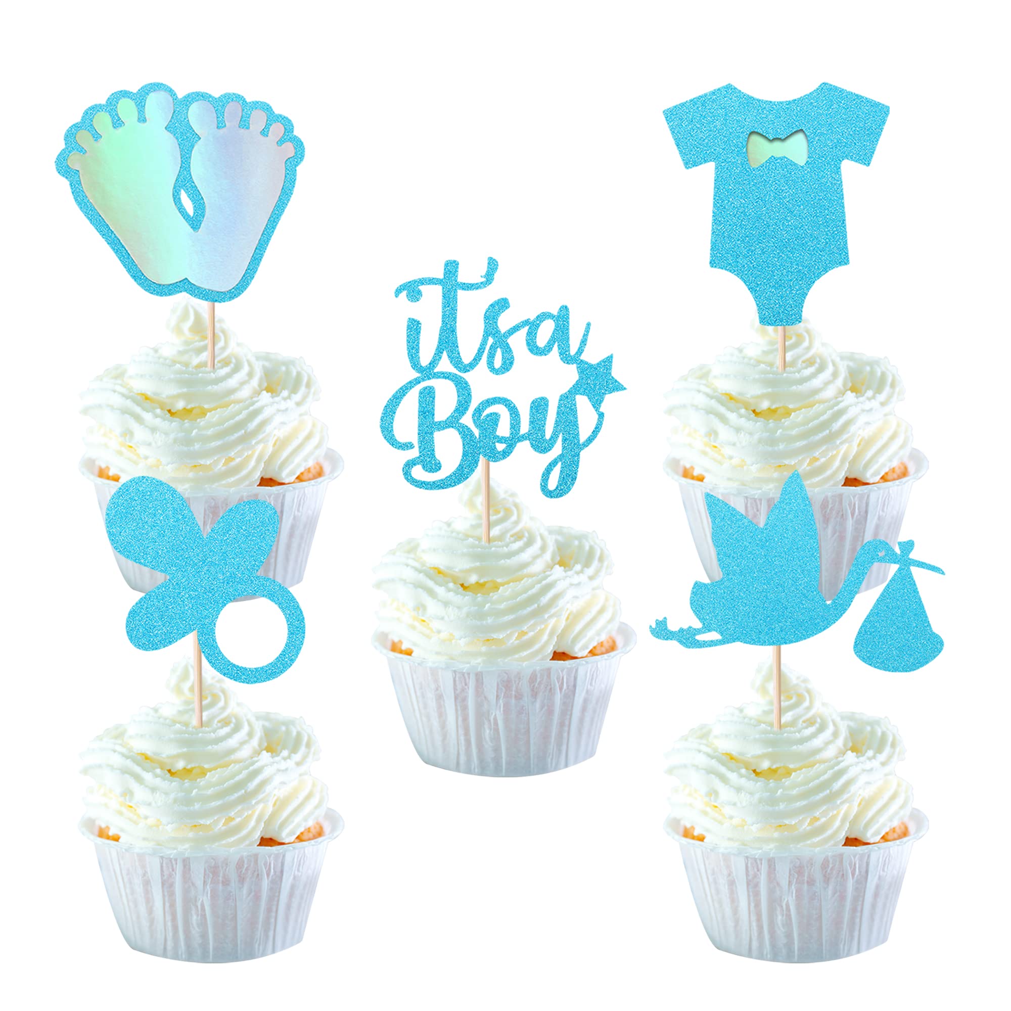 SYKYCTCY 30 Pack It's a Boy Cupcake Toppers Pacifier Glitter Onesie Jumpsuit Cupcake Picks Bird Pacifier Cake Decorations for Baby Shower Boy Birthday Theme Party Supplies Blue