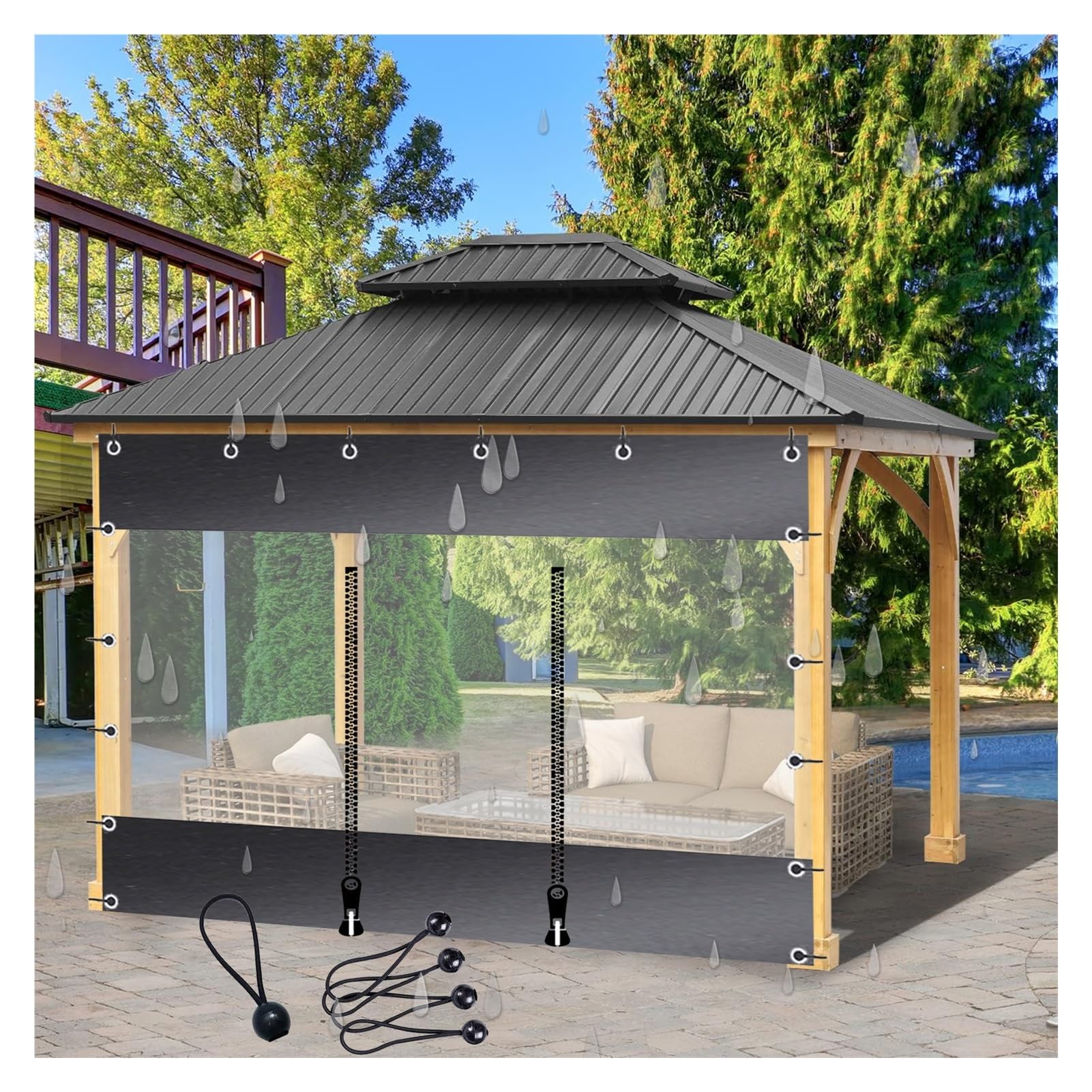 XFLOFE All'aperto Le Tende, Trasparente Impermeabile Telone Pannelli Laterali Insieme A Anti Ruggine Rondella Telo for Pergola, Portico, Padiglione (Color : Clear, Size : 2x2.5m/6.5x8.2ft