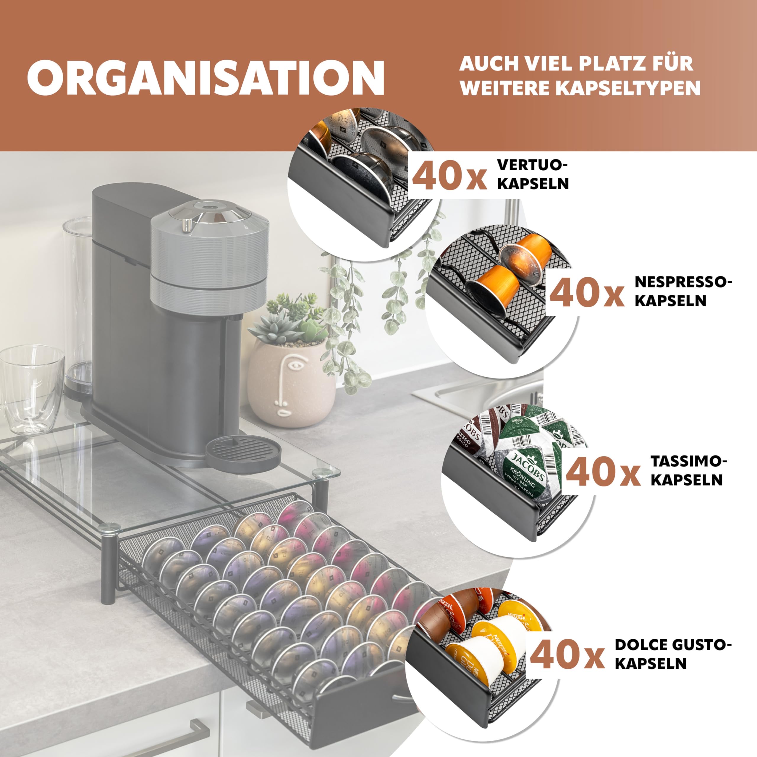 eluno Soporte para 40 cápsulas Nespresso Vertuo, cajón, soporte para máquina de cristal de metal y placa de cristal, caja de cápsulas de café, dispensador de cápsulas (transparente)