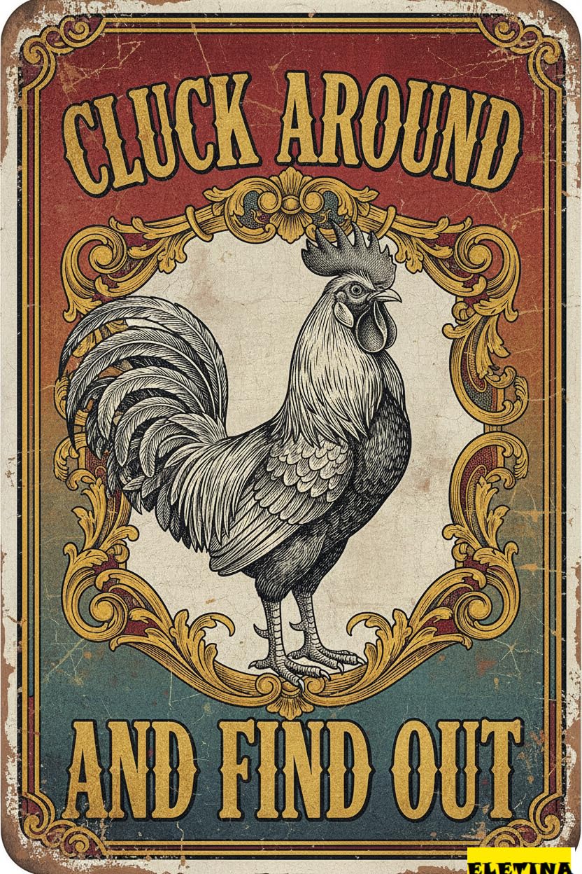 Cluck Around And Find Out Rooster Tin Sign, 12x8 Inch