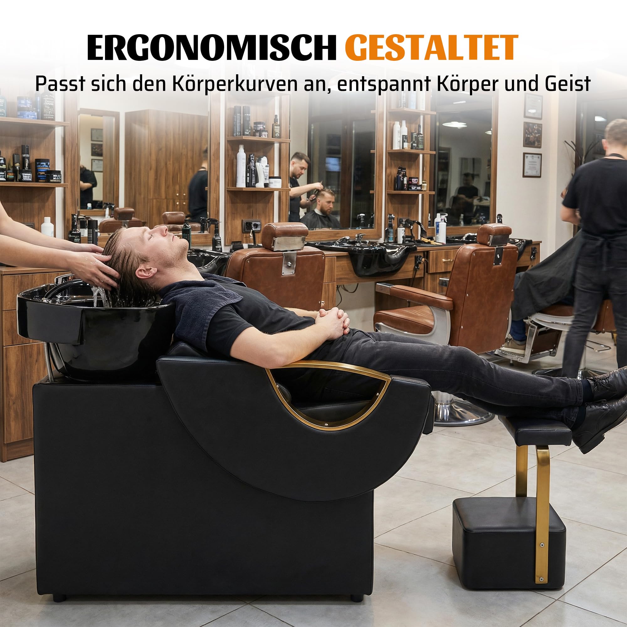Professioneller Friseurwaschsessel mit Waschbecken, Beinstütze, Nackenstütze und Armlehnen, 136 kg Traglast, für Salon & Barbershop