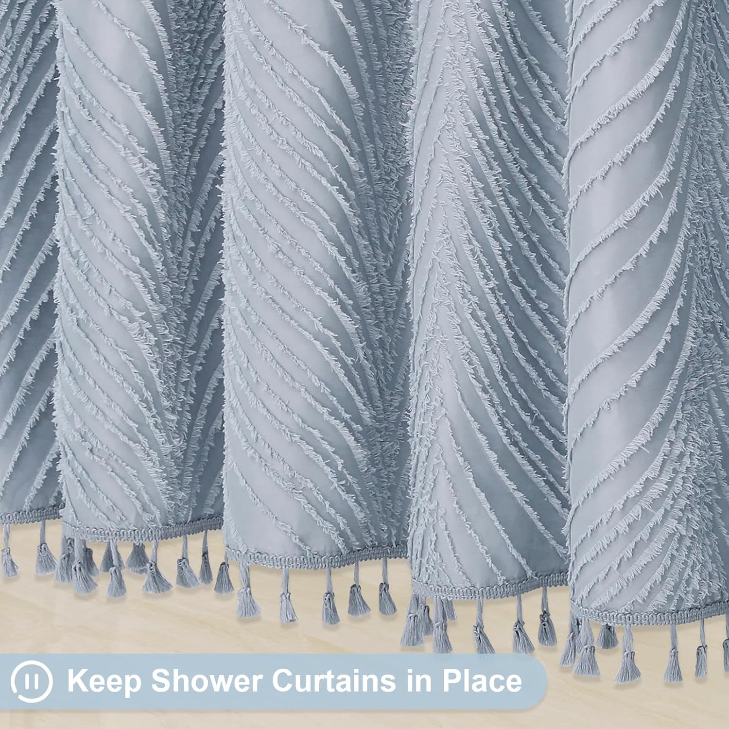 Fog Blue Extra Long Shower Curtain, Modern Minimalist Shower Curtain for Bathroom, Boho Tufted Striped Leaf Textured with 12 Hooks, Machine Washable, 72 x 84 inch