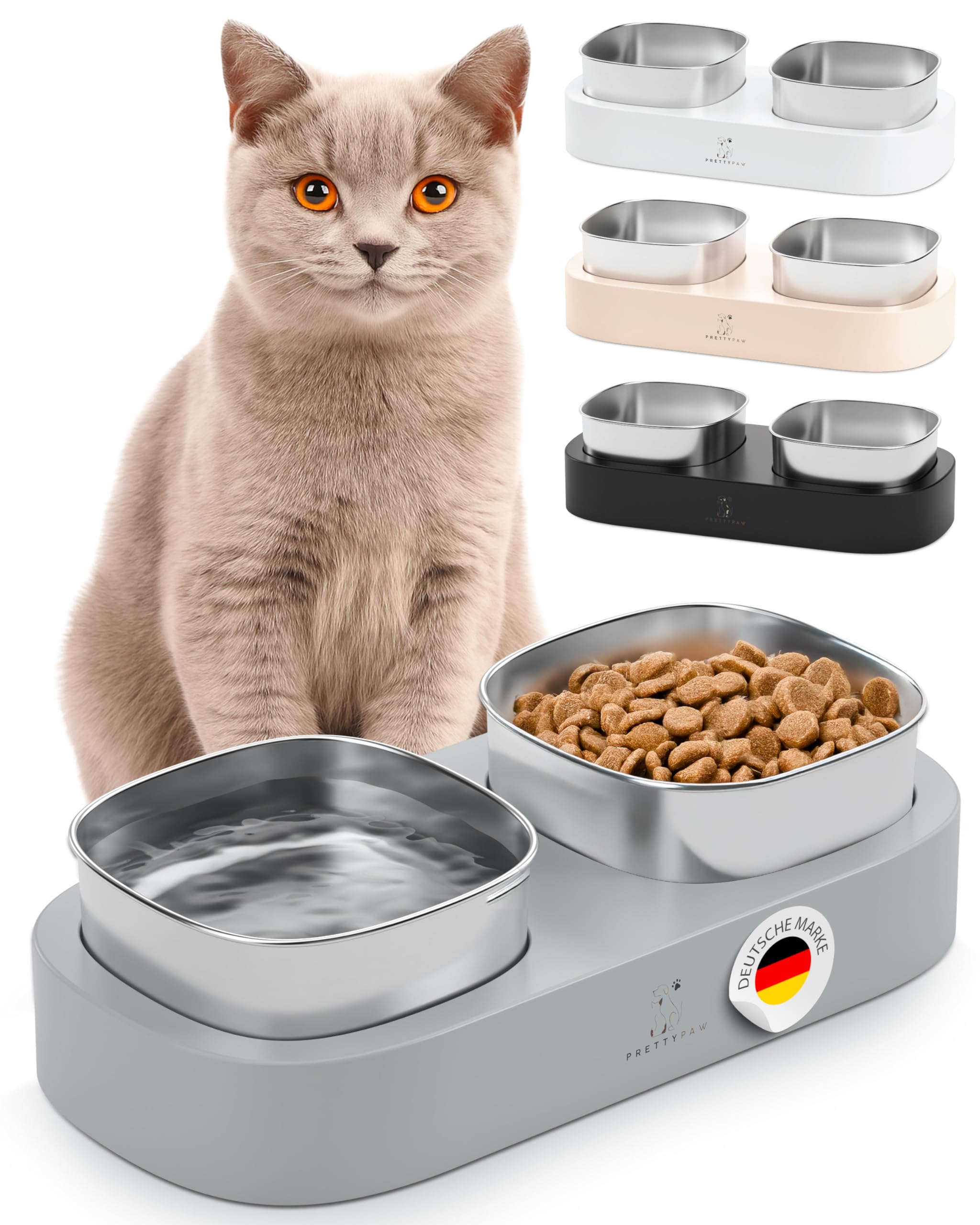 Pretty Paw Erhöhter Katzennapf – Doppel-Futternapf mit Rutschfester Plattform & Edelstahl-Schalen für ergonomisches Fressen ohne Verschütten (Grau)