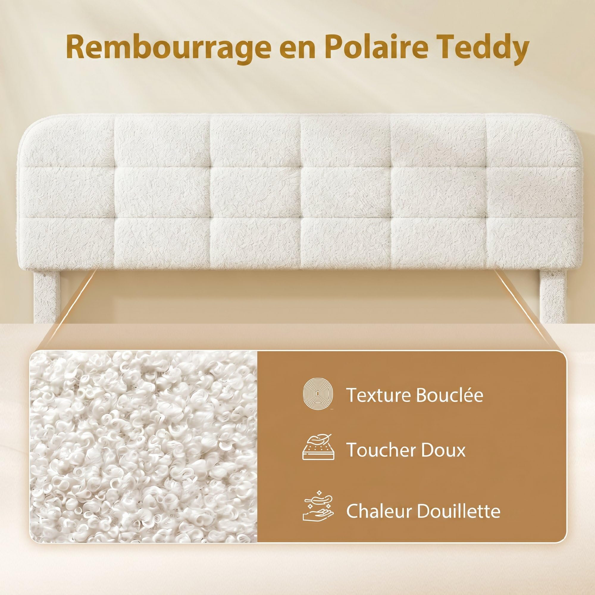 HOMCOM Cadre de lit 160 x 200 cm avec sommier, Tête Réglable, Blanc | Lit Double Rembourré Velours Boucle, Support à Lattes en Bois, Rangement au-dessous, Sans Bruit, Montage Facile