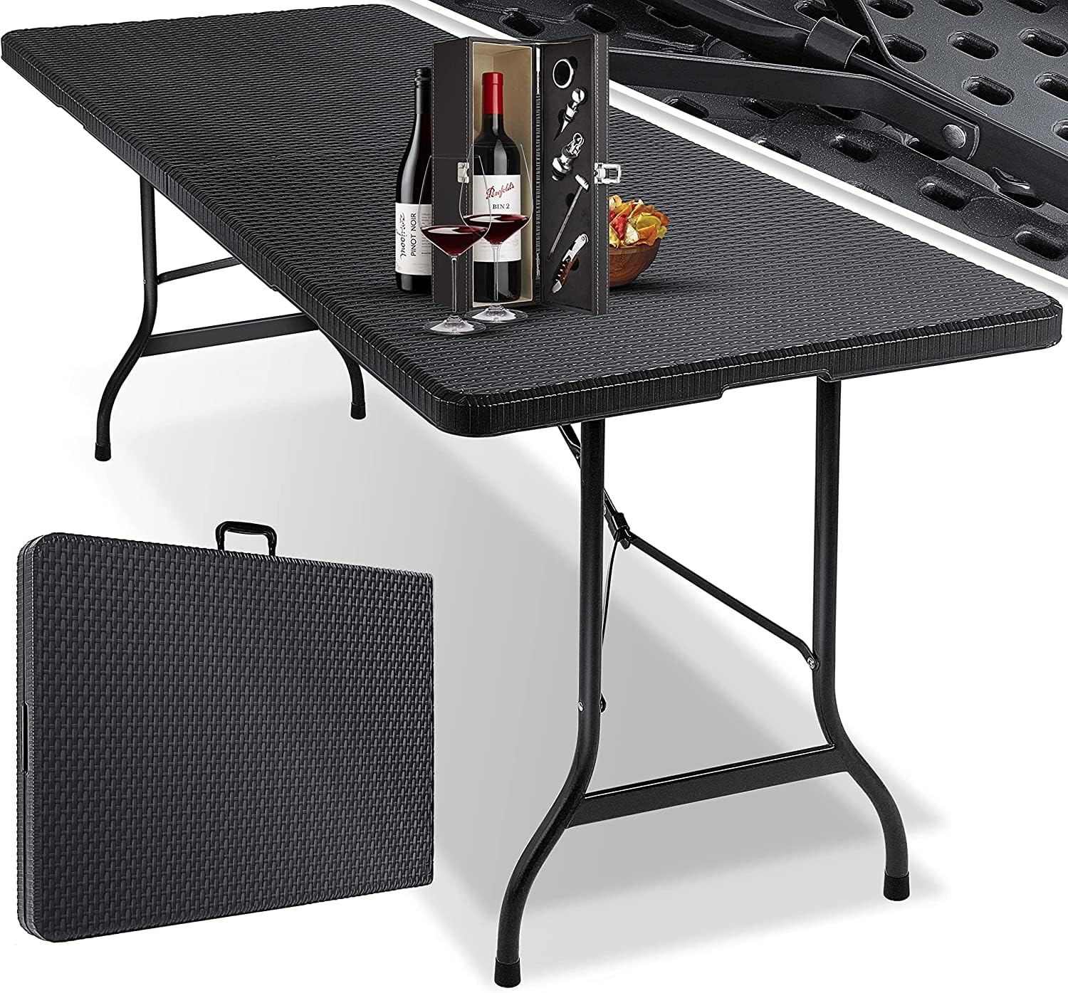GOVITA Tavolo Salvaspazio Pieghevole Da Giardino Bianco 183x76 Cm Tavolo Richiudibile Da Campeggio Resistente Con Maniglia Per Trasporto In Hdpe Da Balcone Terrazza Campeggio (Nero)
