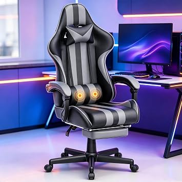 Huracan Gaming Chair with Footrest, Adjustable Ergonomic Computer Office Chair with Lumba Pillow, Video Game Computer Chairs for Adults, Racing Style Reclining Backrest Office Desk Chairs, Grey