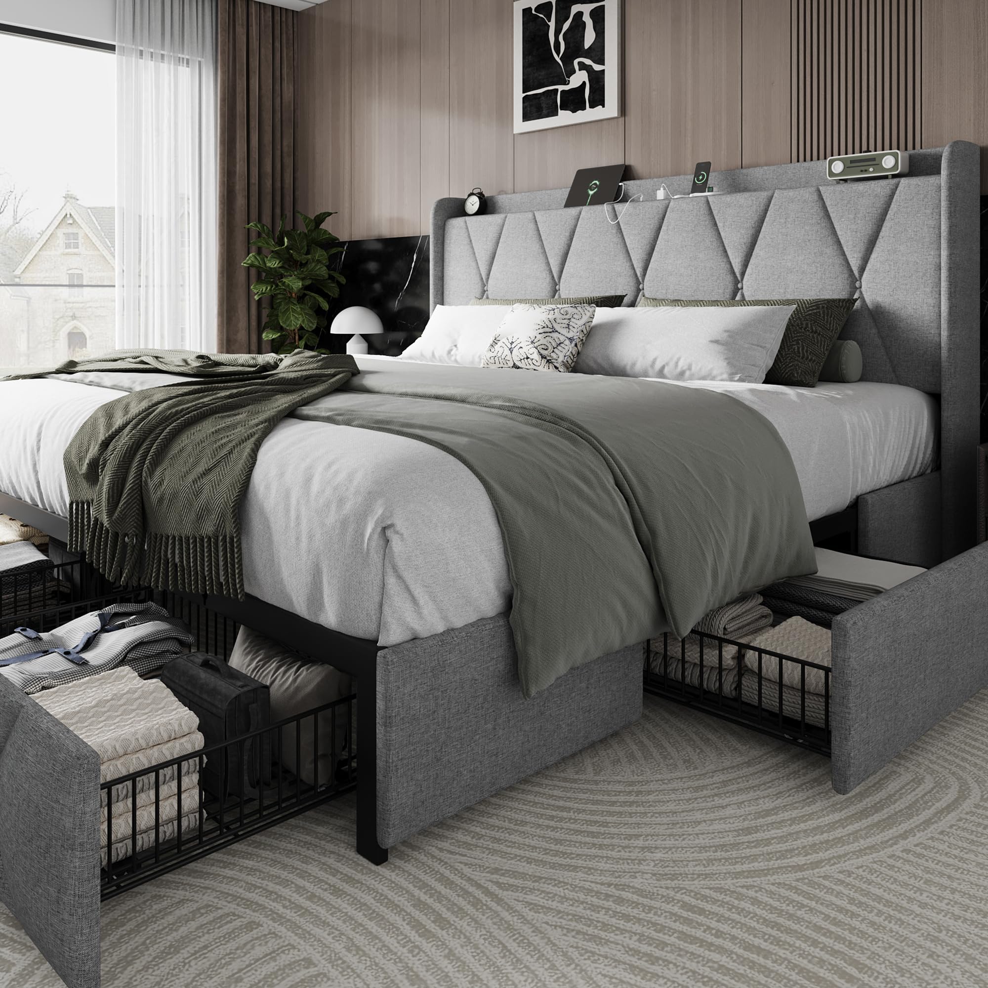 King Size Bed Frame with 4 Storage Drawers and Charging Station Upholstered Platform Bed Frame with Storage Headboard