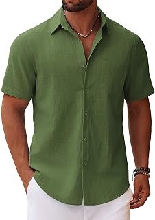 COOFANDY Men's Button Down Short Sleeve Shirt Casual Cotton Summer Beach Linen Wedding Shirts with Pocket