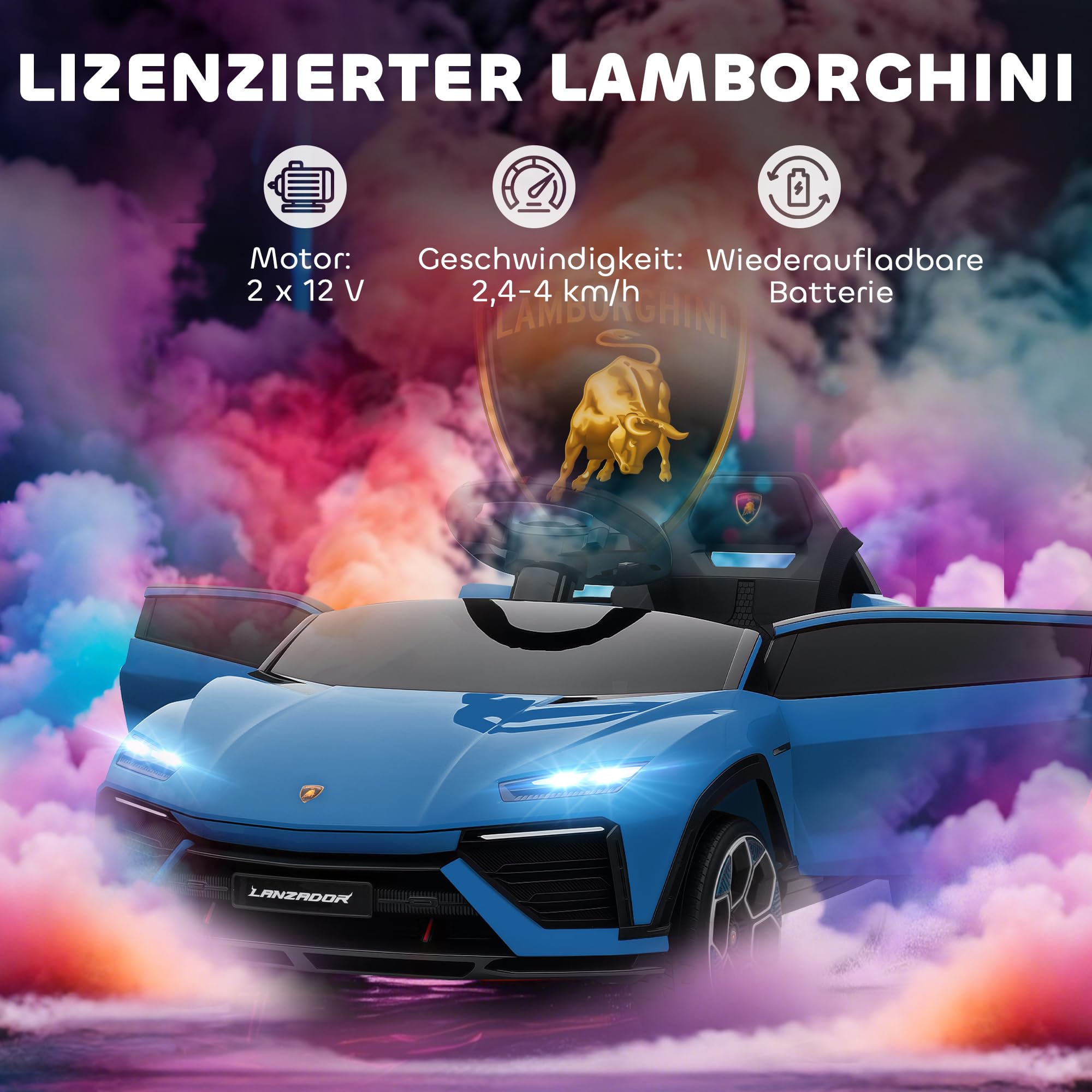 AIYAPLAY Elektryczne Auto 12V z Pilotem 2,4 GHz, 2 Silniki, Pojazd z Klaksonem, LED, Muzyką, Łagodnym Startem, 3-6 Lat, Niebieskie