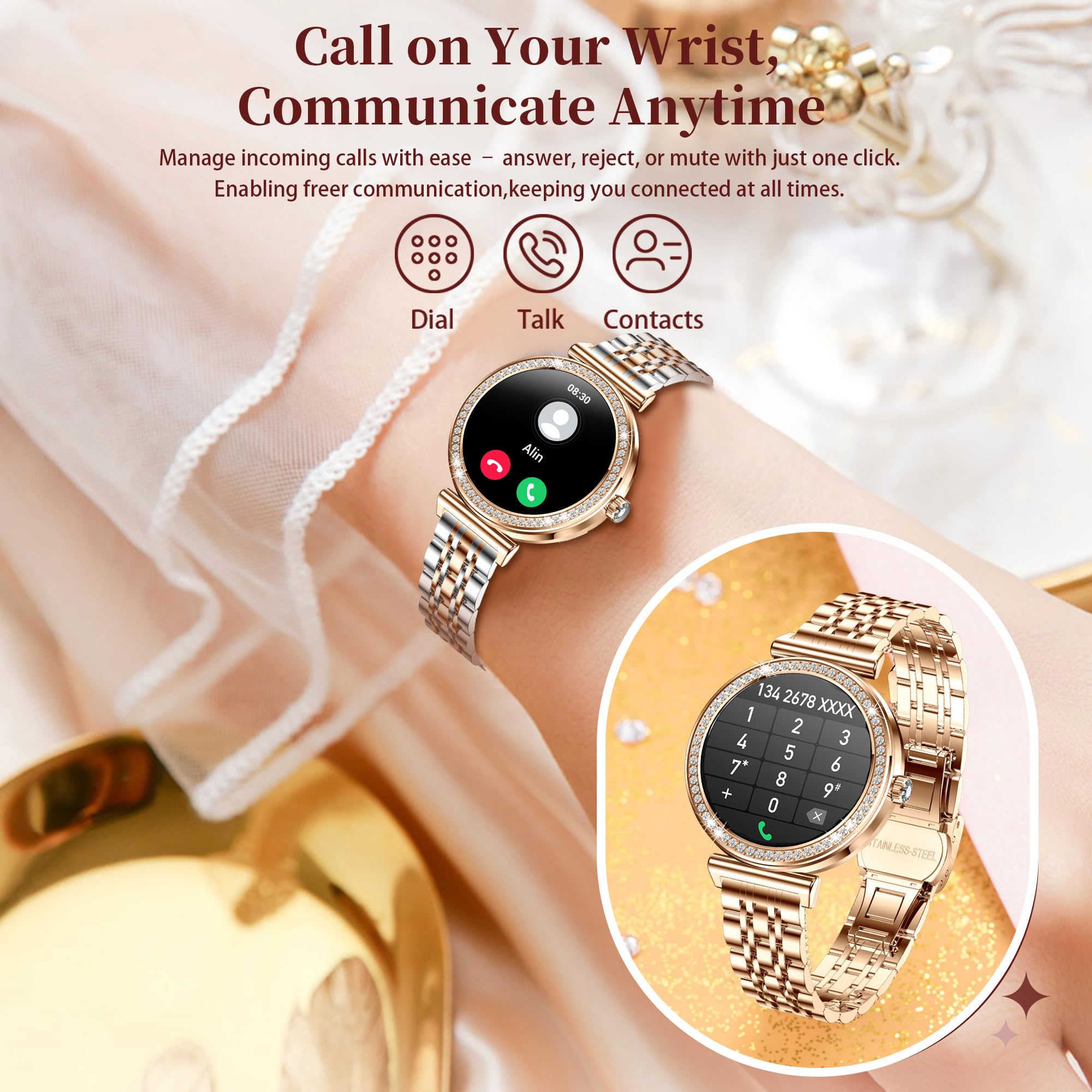 findtime Inteligentny zegarek dla kobiet, smartwatch do telefonów z systemem Android, iOS, wykonywanie/odbieranie połączeń, pulsometr, monitorowanie snu, tryby sportowe, powiadomienie SMS, krokomierz