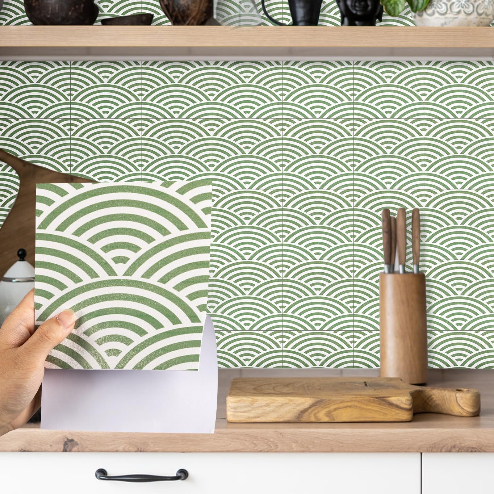 Tile Stickers Green, Wave Vinyl Stick on Tiles Matt 15x15cm 12Pcs, Self Adhesive Wall, Waterproof Peel and Stick for Bathroom, Backsplash for Kitchen