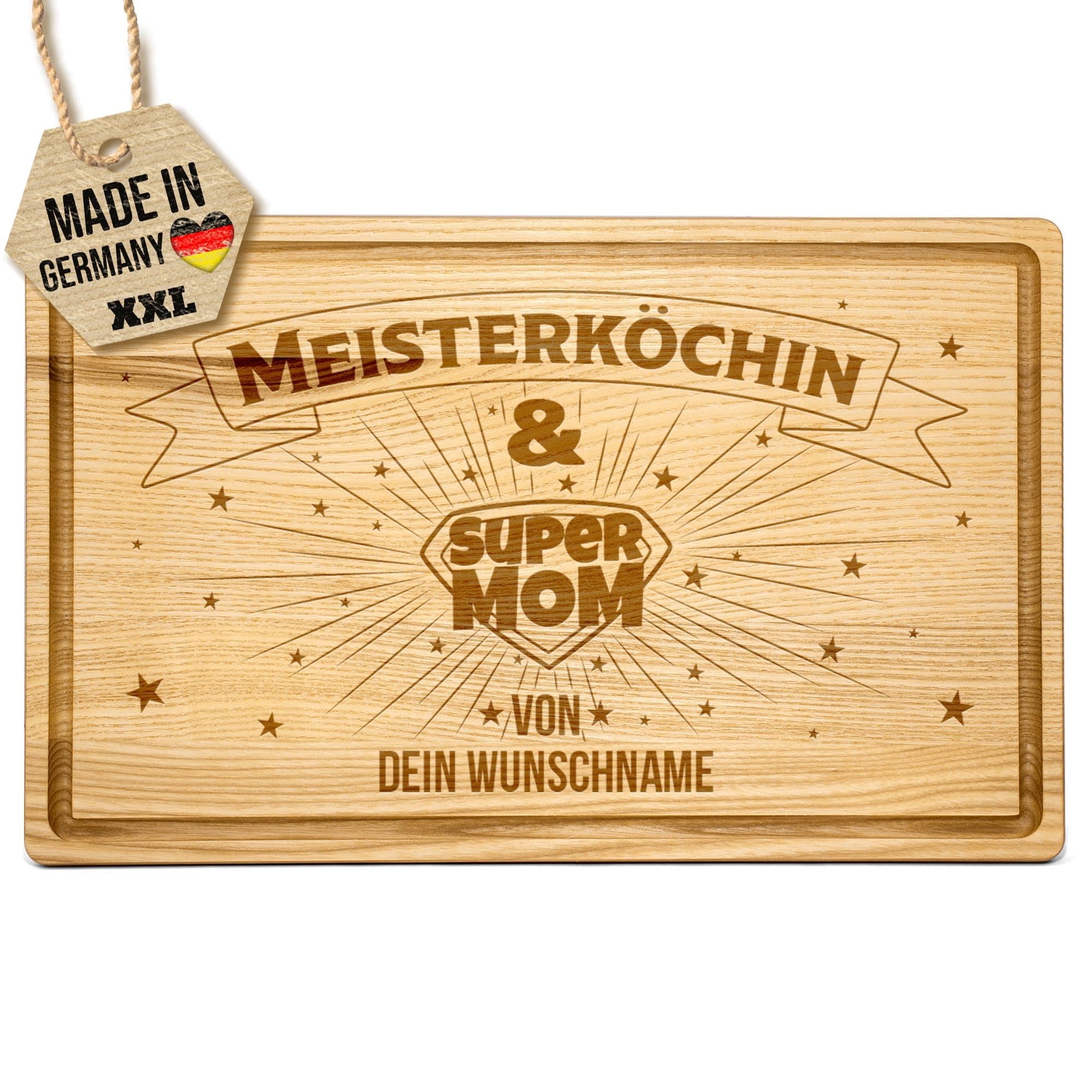PR Print Royal Großes Holzbrett mit Gravur und Name - Meisterköchin, Super Mom - Personalisiertes Geschenk für Mama zum Geburtstag, Muttertag - Schneidebrett Eschenholz, 40 x 25 x 2 cm