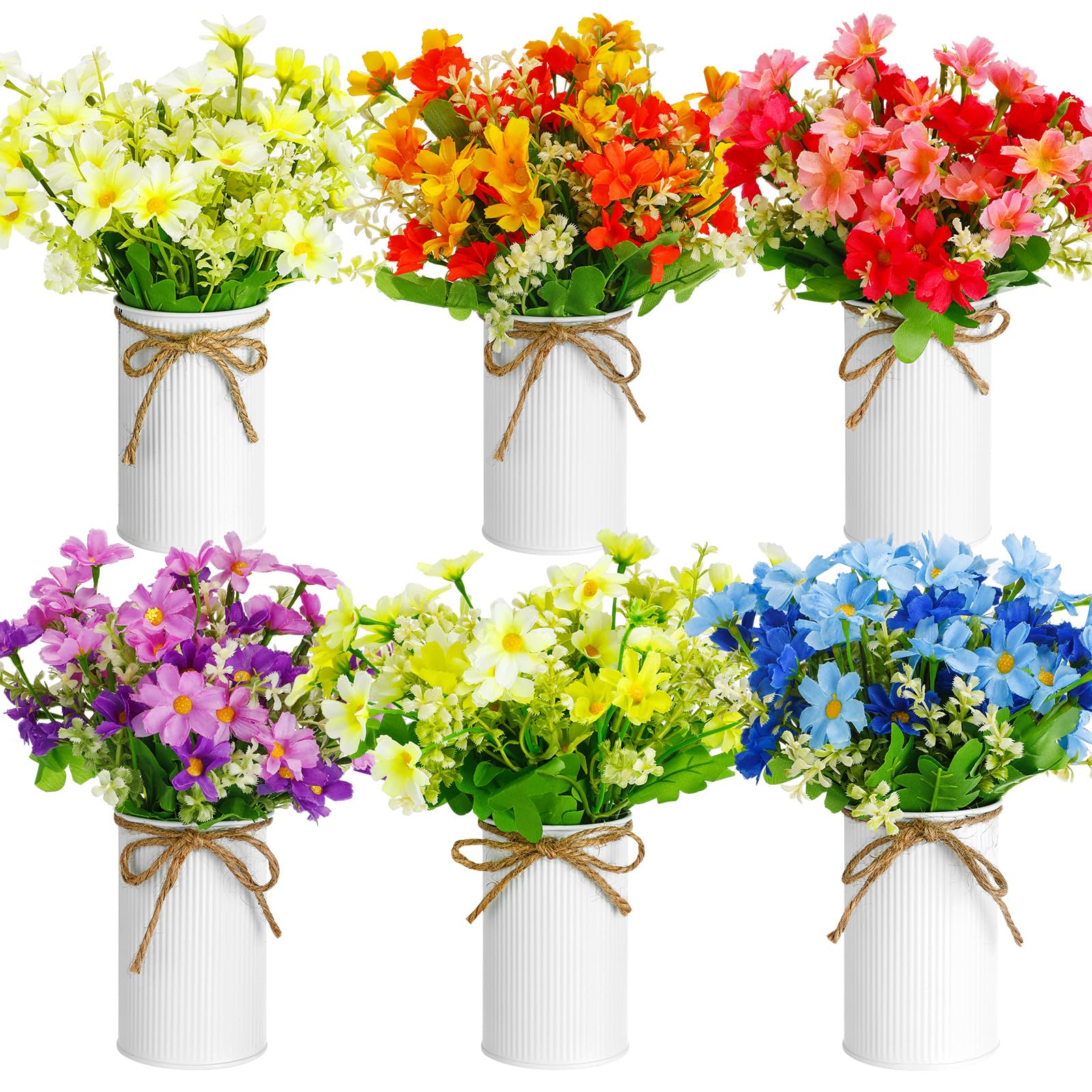 6 juegos de centros de mesa de margaritas de verano, flores silvestres artificiales coloridas con maceta de metal galvanizado, flores artificiales vintage de margaritas en maceta, decoración para